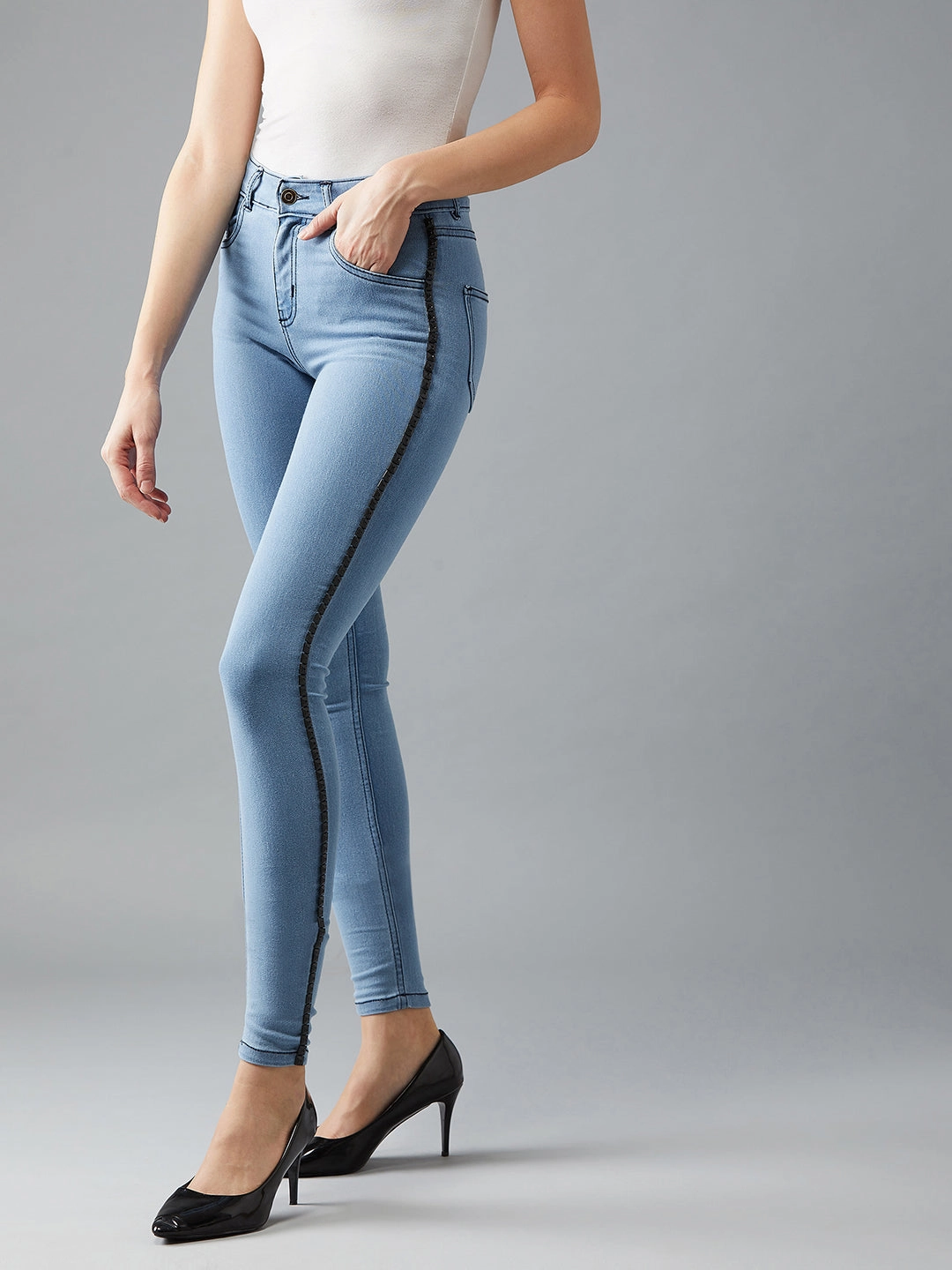 Women's Light Blue Skinny Mid-Rise Metal Tape Detailing Stretchable Denim Jeans Street Fashion Casual Winter Warmth Daywear Fit