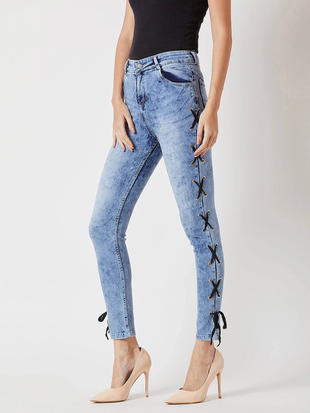 Women's Light Blue Slim-Fit High-Rise Twill tape and Eyelet detailing Stretchable Denim Jeans Light material
