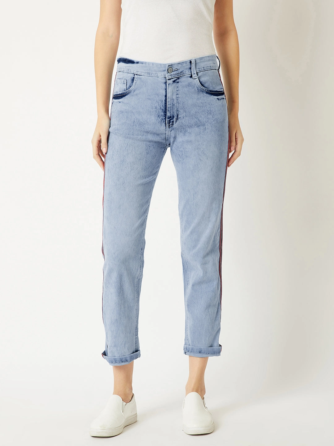 Women's Light Blue Slim High-Rise Twill Tape Detailing Blast Effect Stretchable Denim Jeans Smooth Comfort