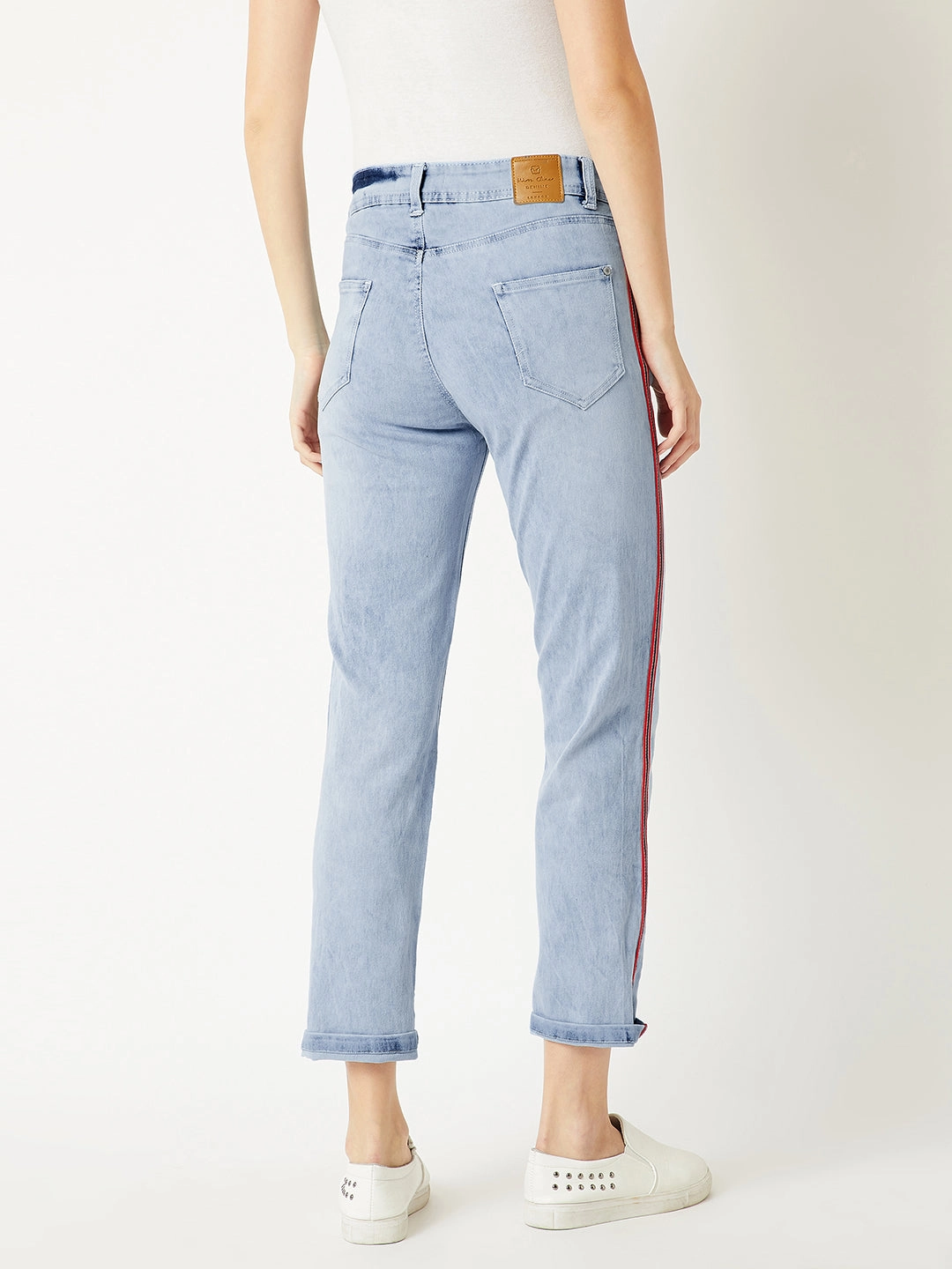 Women's Light Blue Slim High-Rise Twill Tape Detailing Blast Effect Stretchable Denim Jeans Smart Casual