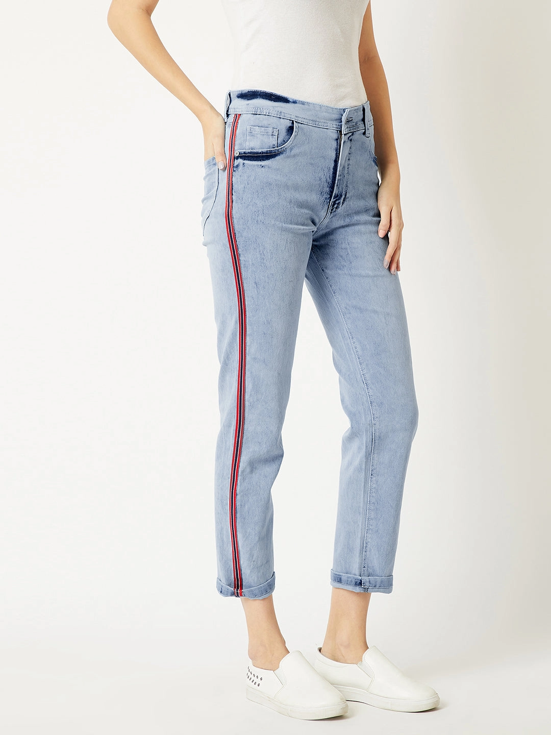 Always Appropriate Relaxed Fit Women's Light Blue Slim High-Rise Twill Tape Detailing Blast Effect Stretchable Denim Jeans
