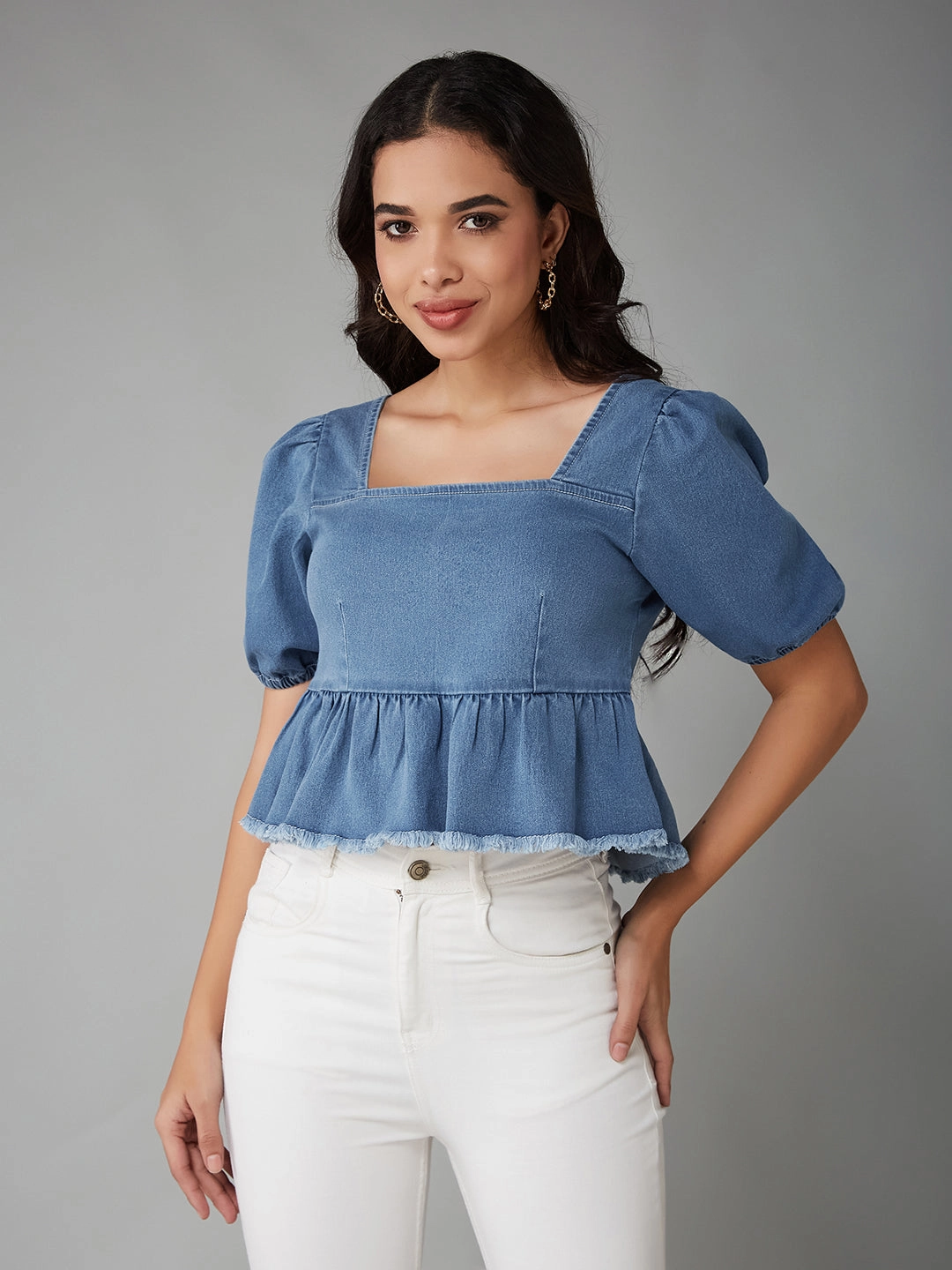 WrinkleFree Weaving Women's Light Blue Square-Neck Puff-Sleeve Peplum-Styled Denim Cropped Top