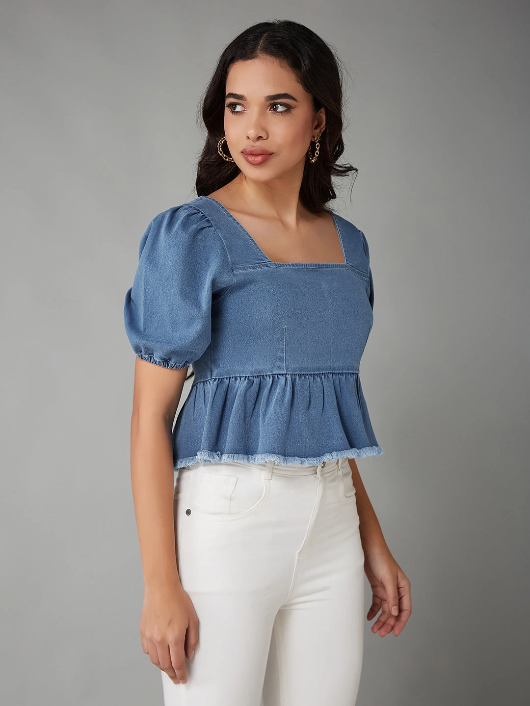 Fitted Shirt Thermal Regulating Design Women's Light Blue Square-Neck Puff-Sleeve Peplum-Styled Denim Cropped Top