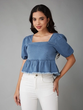 WrinkleFree Weaving Women's Light Blue Square-Neck Puff-Sleeve Peplum-Styled Denim Cropped Top