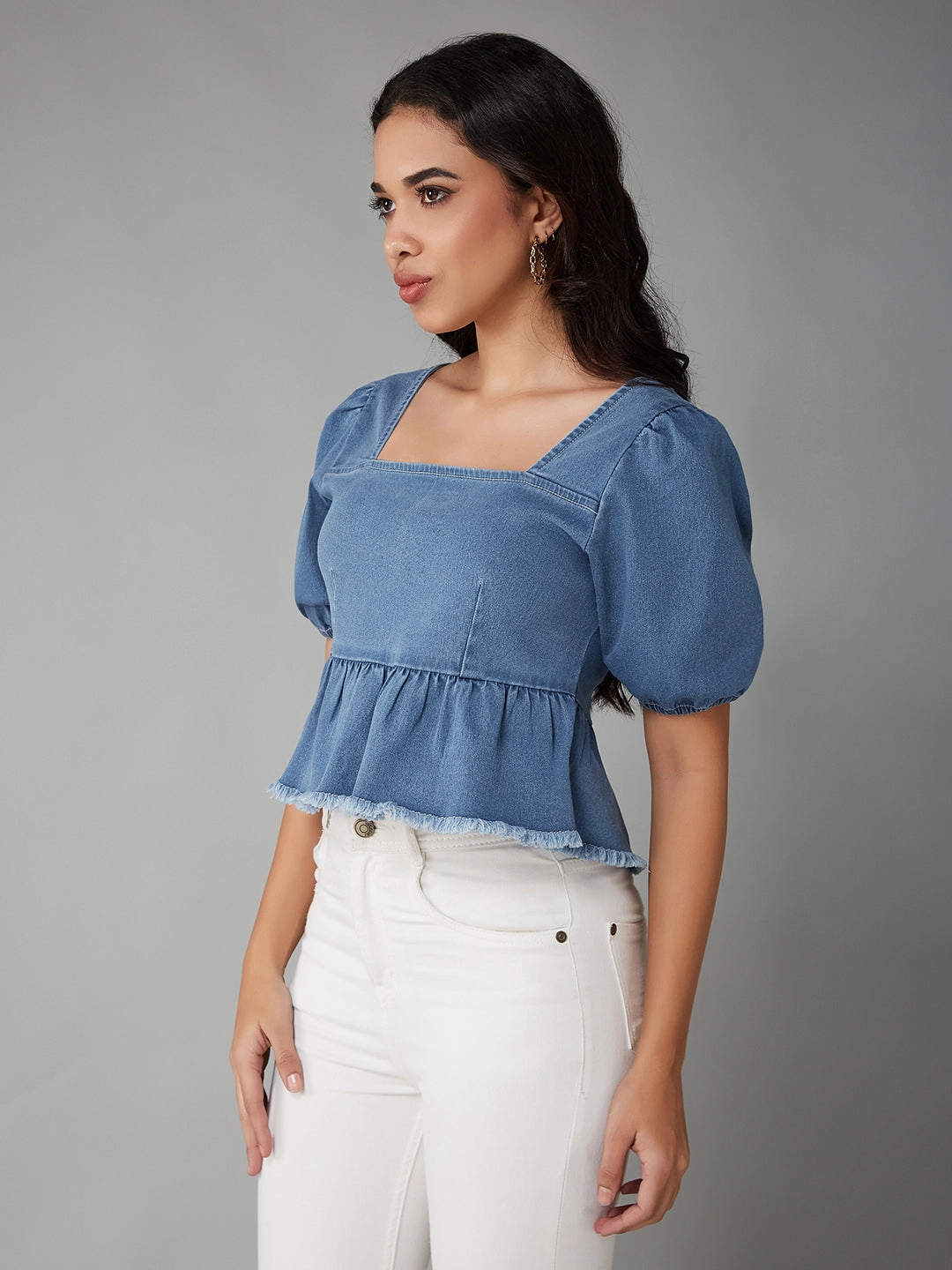 Women's Light Blue Square-Neck Puff-Sleeve Peplum-Styled Denim Cropped Top Durable Reinforced Elbows