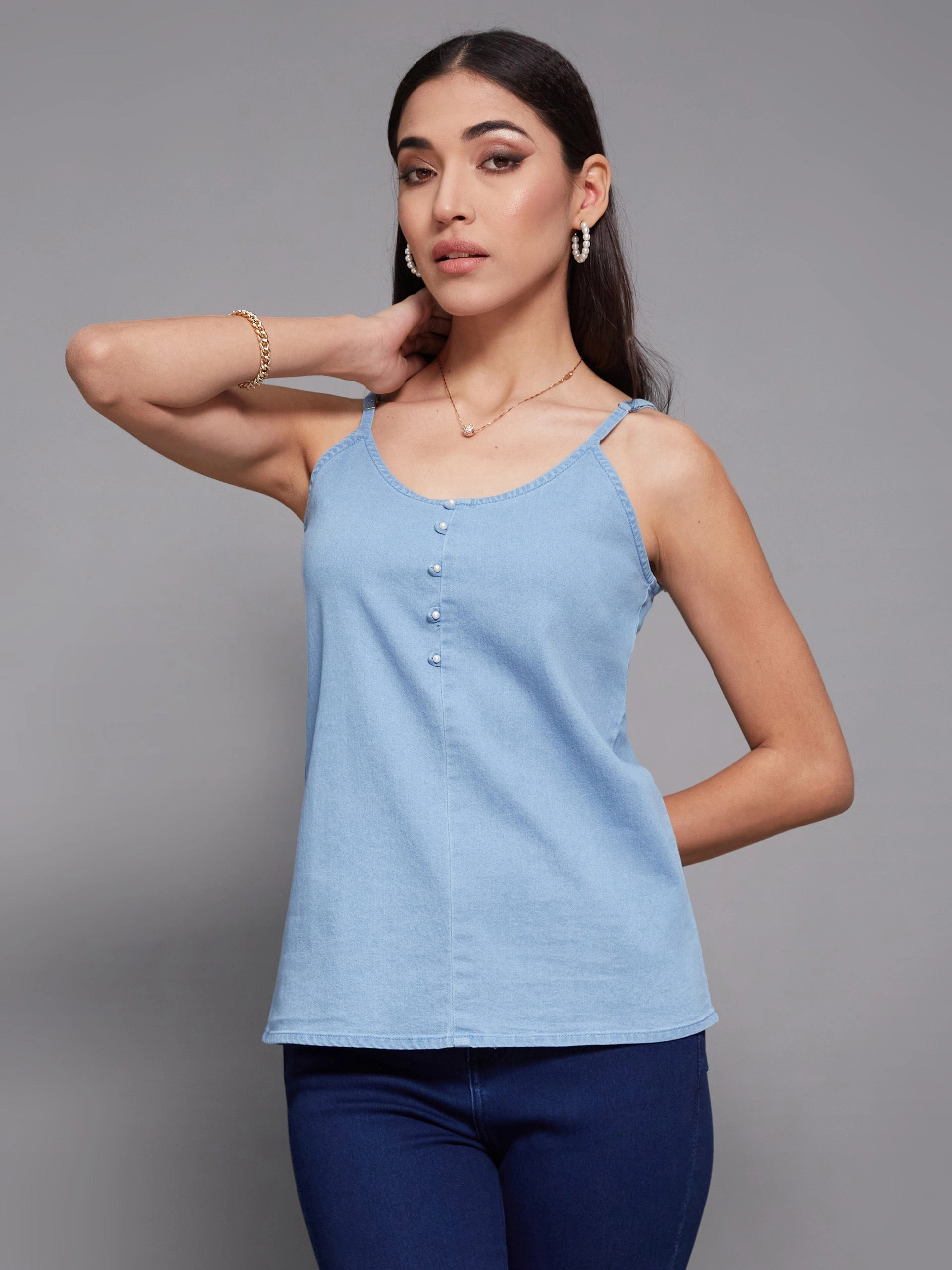 Women's Light Blue Straight Clean-Look Regular Denim Top ThermalRegulating
