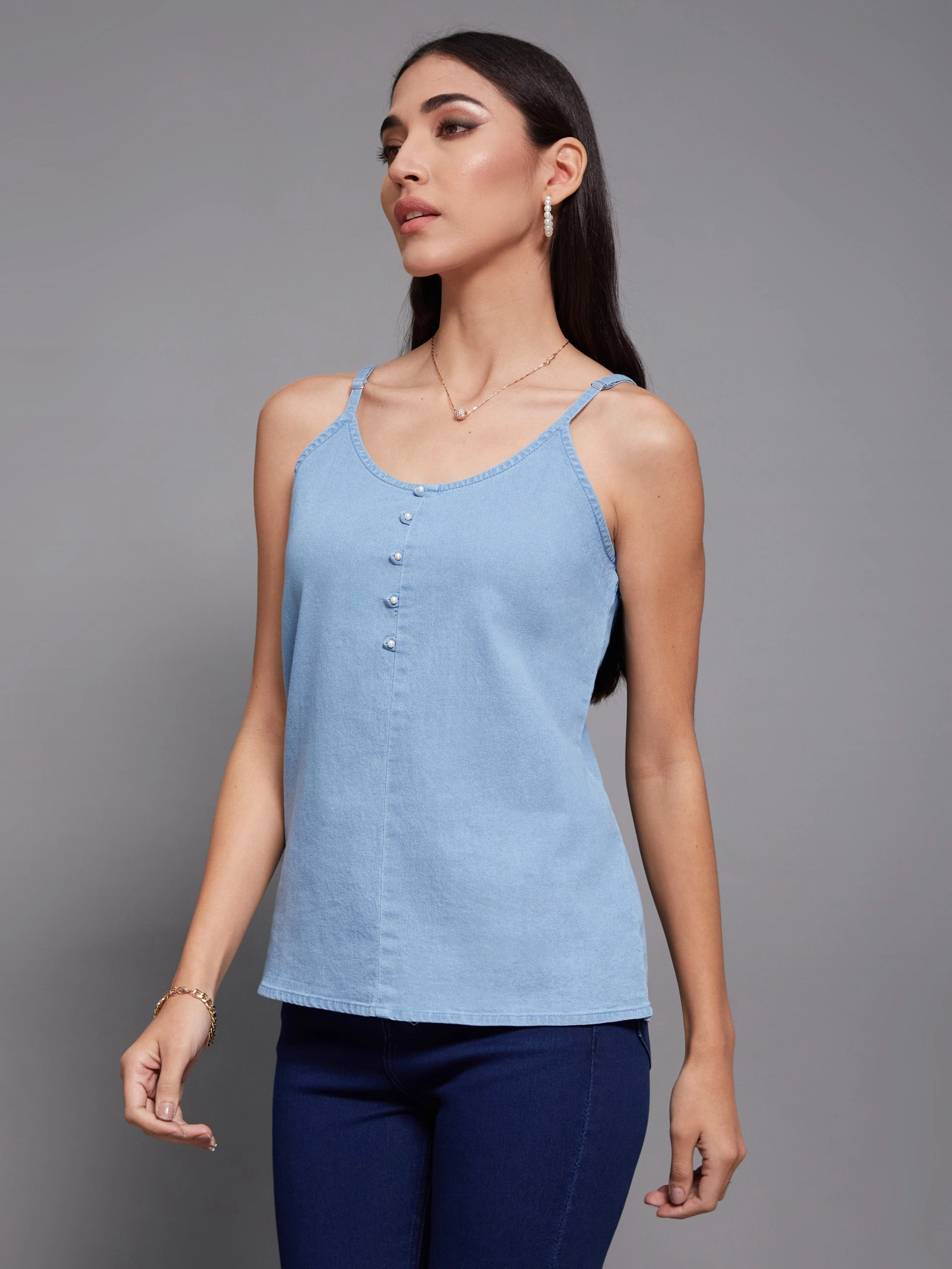 Fashionable Look FasteningHood Women's Light Blue Straight Clean-Look Regular Denim Top