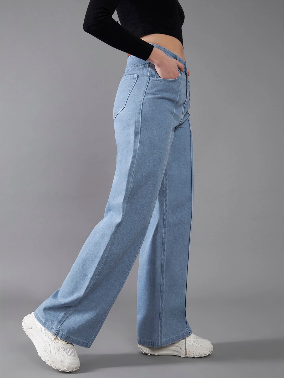 Fit Focus Women's Light Blue Straight-Fit High-Rise Clean-Look Regular-Length Non-Stretchable Denim Jeans