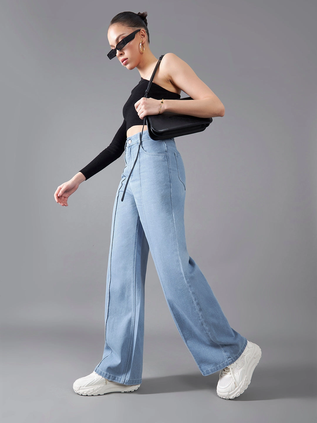 Abrasion Resistance Comfy Wear Women's Light Blue Straight-Fit High-Rise Clean-Look Regular-Length Non-Stretchable Denim Jeans