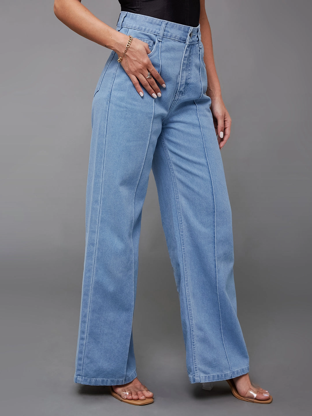 Party Look Urban Explorer Relaxed Waist Fit Women's Light Blue Straight-Fit High-Rise Non-Stretchable Denim Jeans