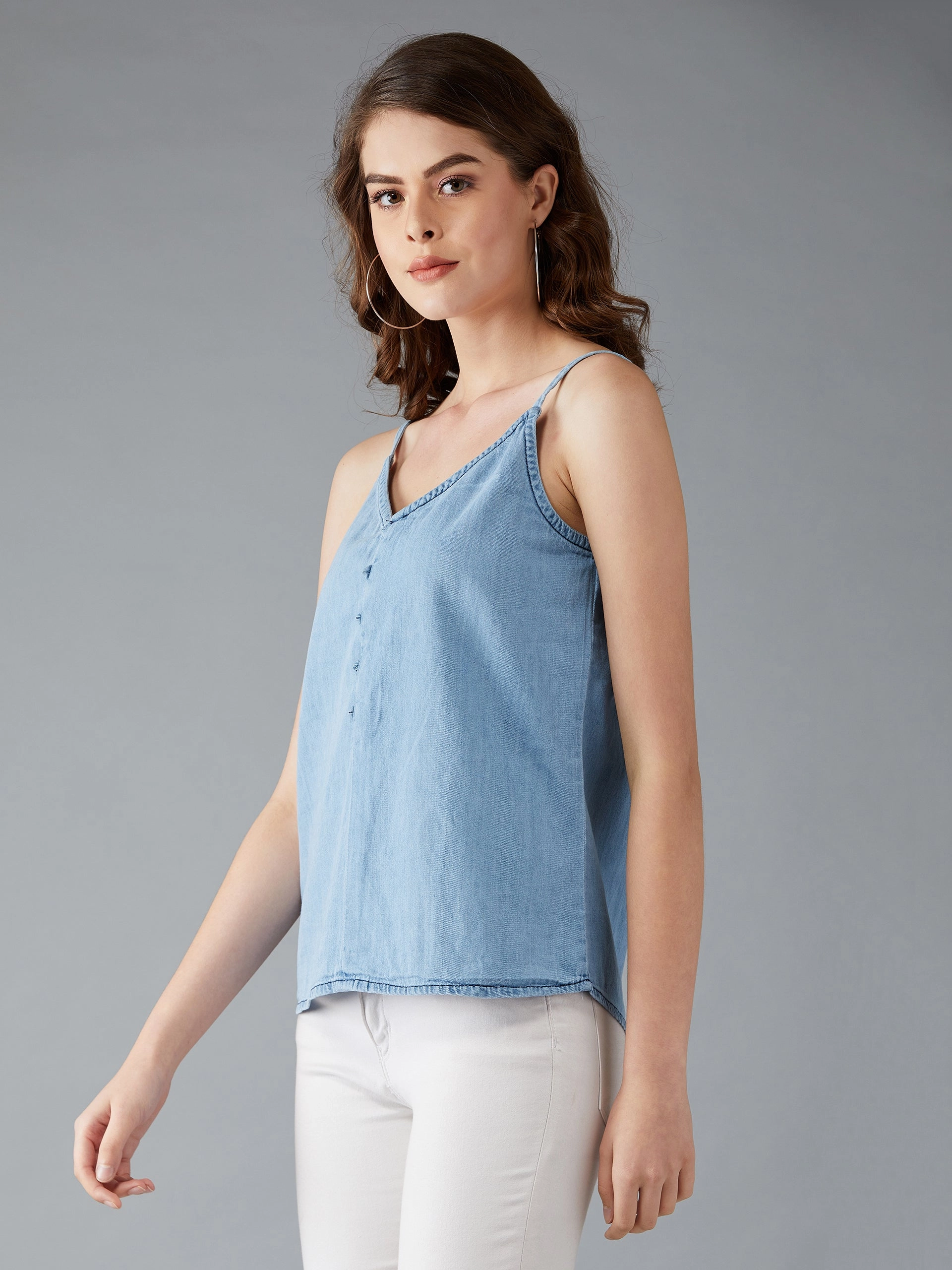 Women's Light Blue V Neck Sleeveless Cotton Solid Denim Spaghetti Top Buttery Soft Feel All Season Wear Fabric