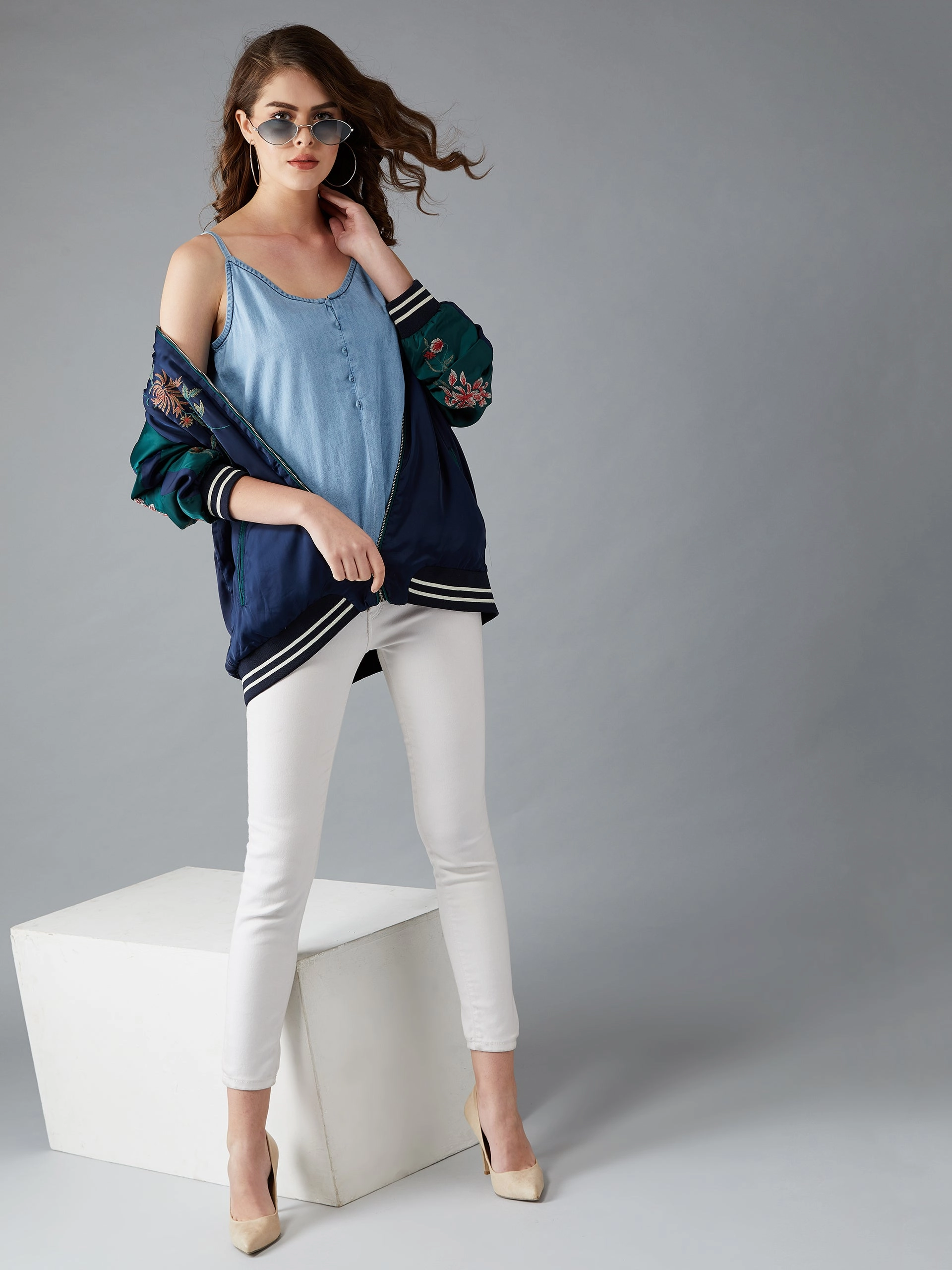 HeavyweightThermal Women's Light Blue V Neck Sleeveless Cotton Solid Denim Spaghetti Top