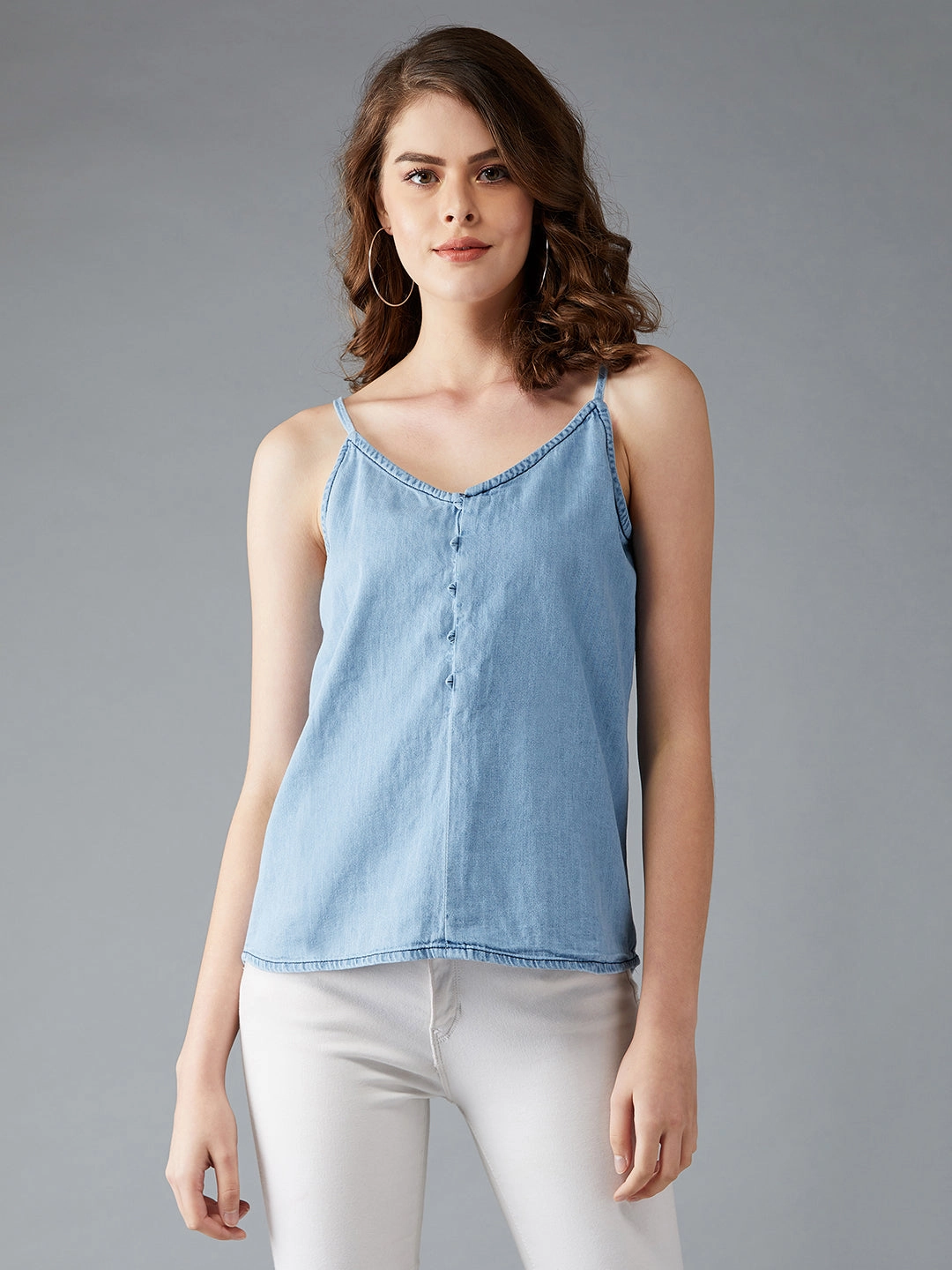 Women's Light Blue V Neck Sleeveless Cotton Solid Denim Spaghetti Top LightweightLayeringSystem EthicallySourced