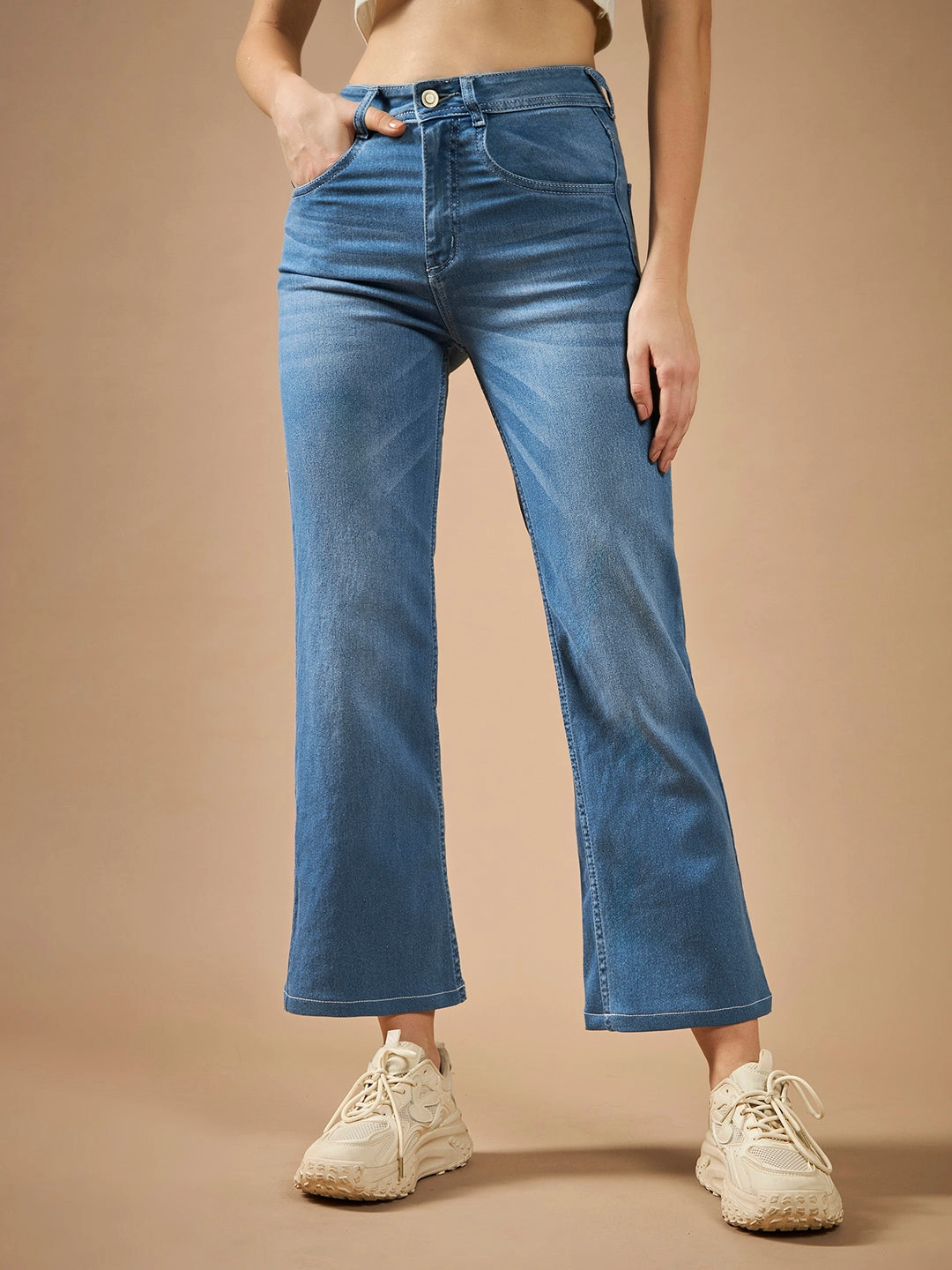 Couple Look Office Wear Women's Light Blue Wide-Leg fit Mid-Rise Regular-Length Stretchable Denim Jeans