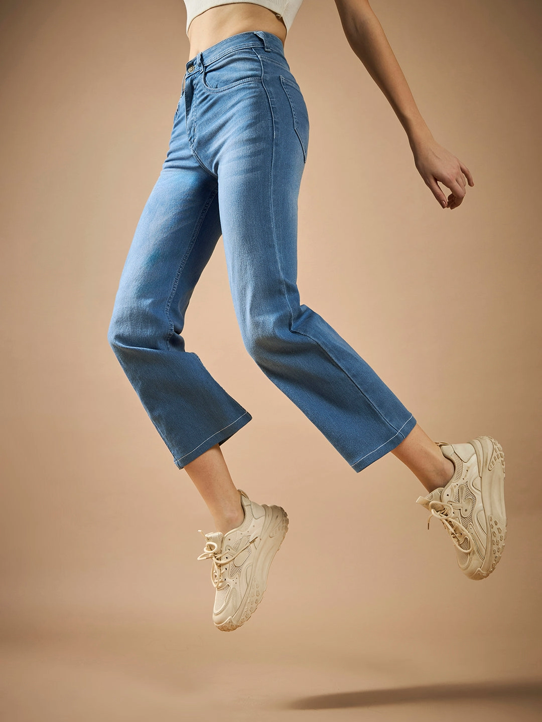 Women's Light Blue Wide-Leg fit Mid-Rise Regular-Length Stretchable Denim Jeans Summer Vibes