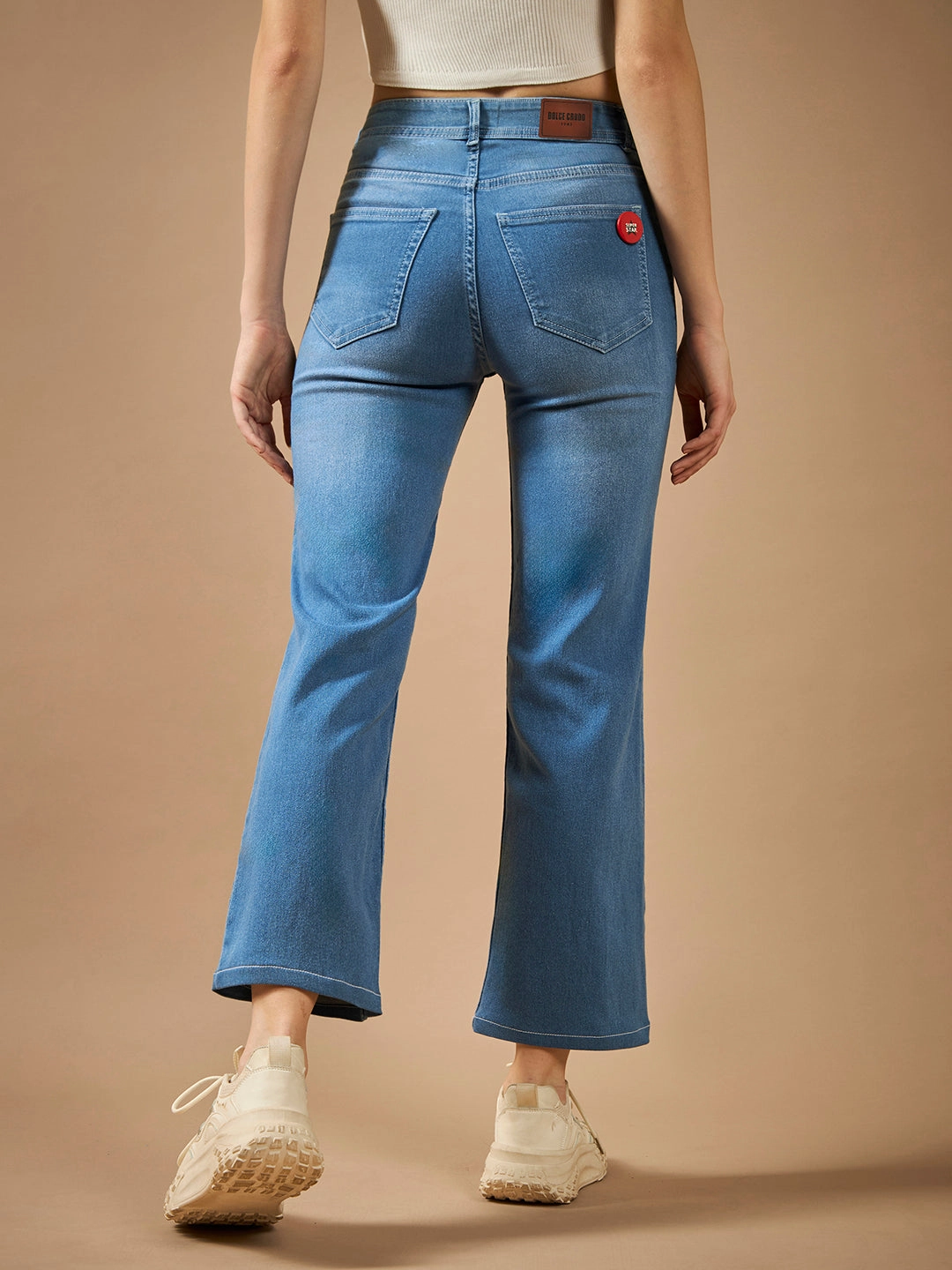 Women's Light Blue Wide-Leg fit Mid-Rise Regular-Length Stretchable Denim Jeans Lightweight Material