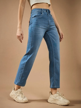 Women's Light Blue Wide-Leg fit Mid-Rise Regular-Length Stretchable Denim Jeans Tapered leg High Rise