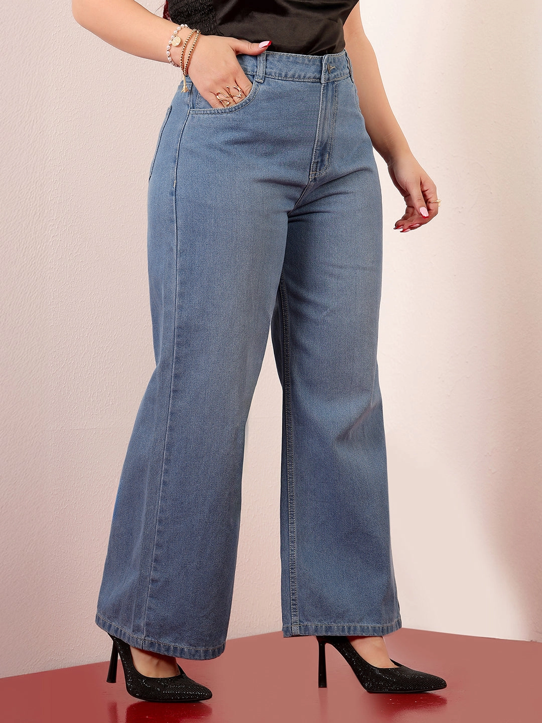 Smart Basic Women's Light Blue Wide-Leg High-Rise Clean-Look Regular-Length Non-stretchable Denim Jeans