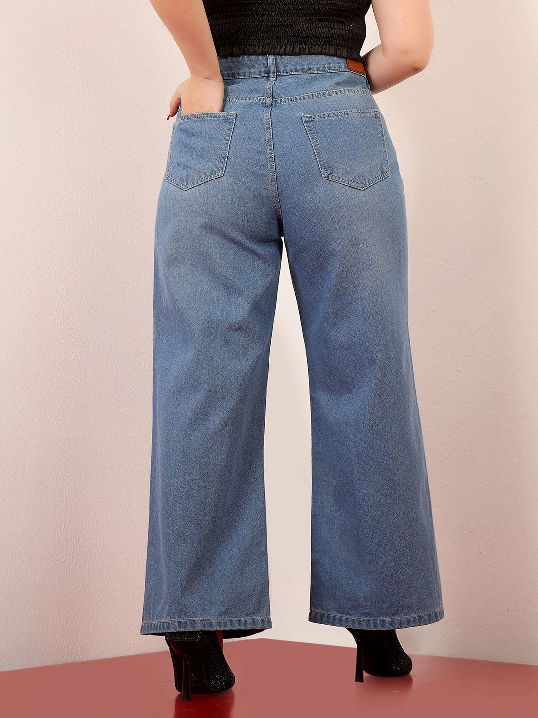 Women's Light Blue Wide-Leg High-Rise Clean-Look Regular-Length Non-stretchable Denim Jeans Weighted Hemline Breathable Work Meeting Relaxed Style