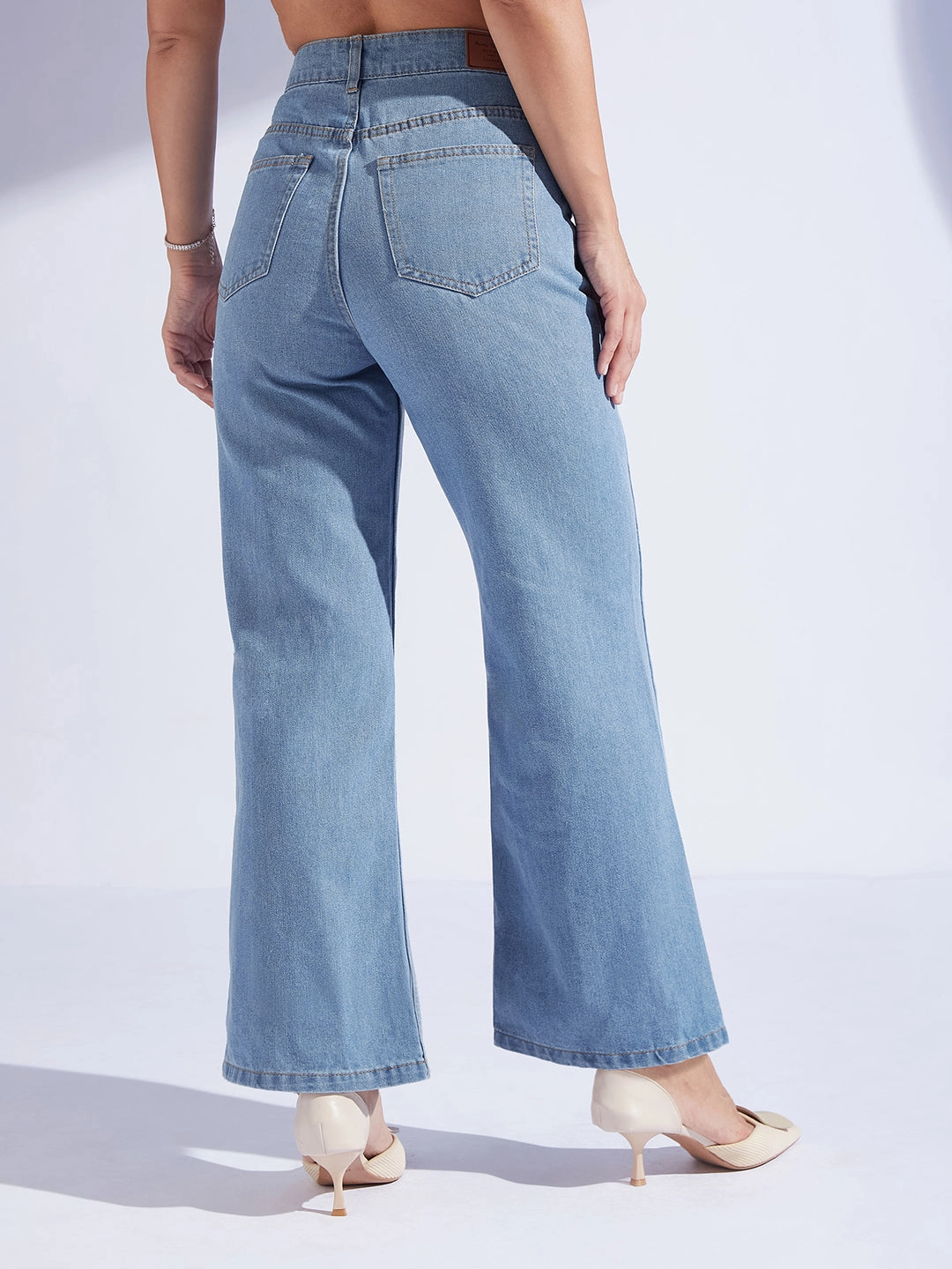 Anti Static Material Blend Women's Light Blue Wide-Leg High-Rise Clean-Look Regular-Length Non-stretchable Denim Jeans