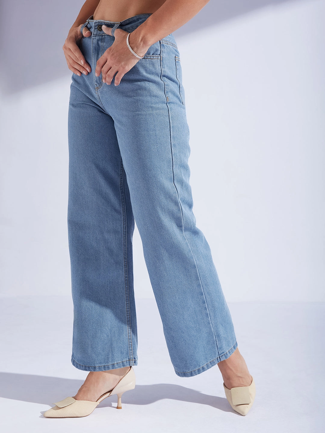 Women's Light Blue Wide-Leg High-Rise Clean-Look Regular-Length Non-stretchable Denim Jeans Relaxed Style Lightweight Durable Youth Style Office Wear