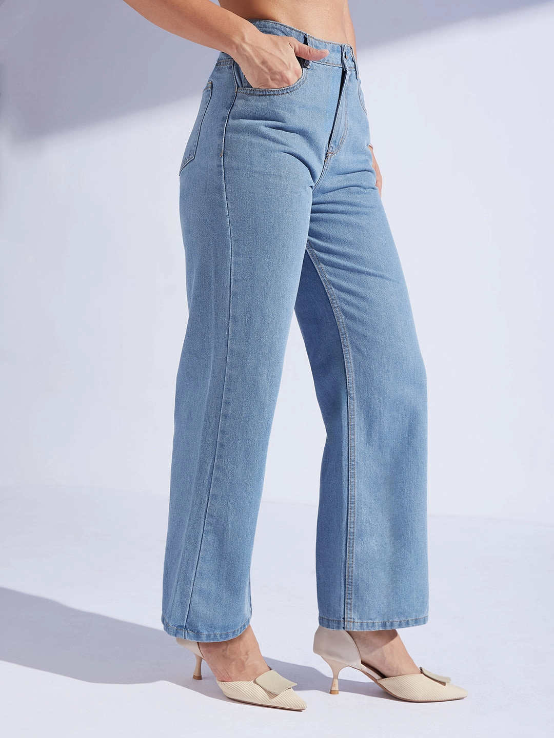 Youth Style Stylish Road Trip Women's Light Blue Wide-Leg High-Rise Clean-Look Regular-Length Non-stretchable Denim Jeans