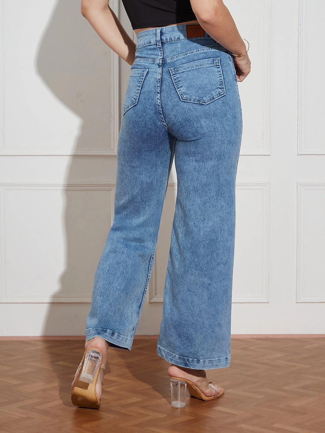 Couple Look Office Wear Women's Light Blue Wide-Leg High Rise Clean Look Regular Stretchable Denim Jeans