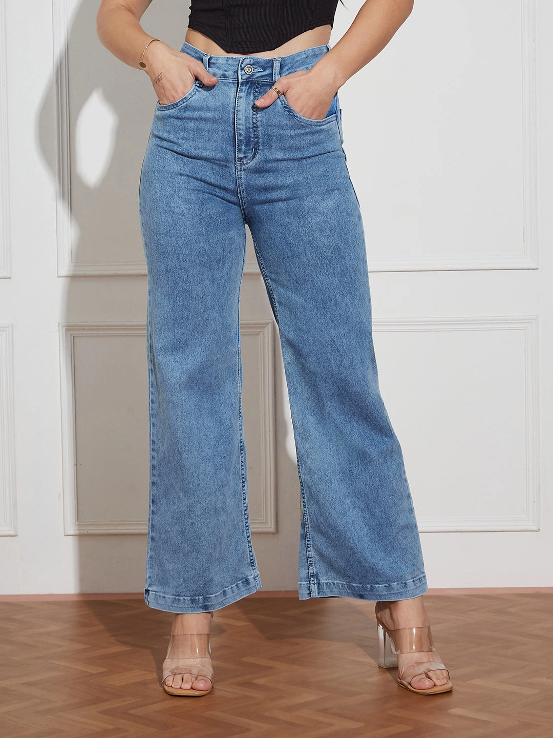 Women's Light Blue Wide-Leg High Rise Clean Look Regular Stretchable Denim Jeans All Round Fit Couple Look Eco Friendly