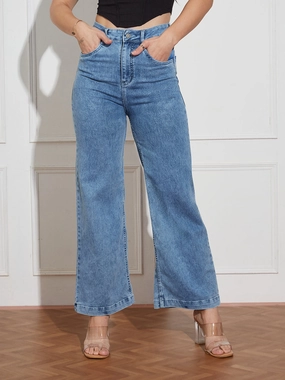 Women's Light Blue Wide-Leg High Rise Clean Look Regular Stretchable Denim Jeans All Round Fit Couple Look Eco Friendly