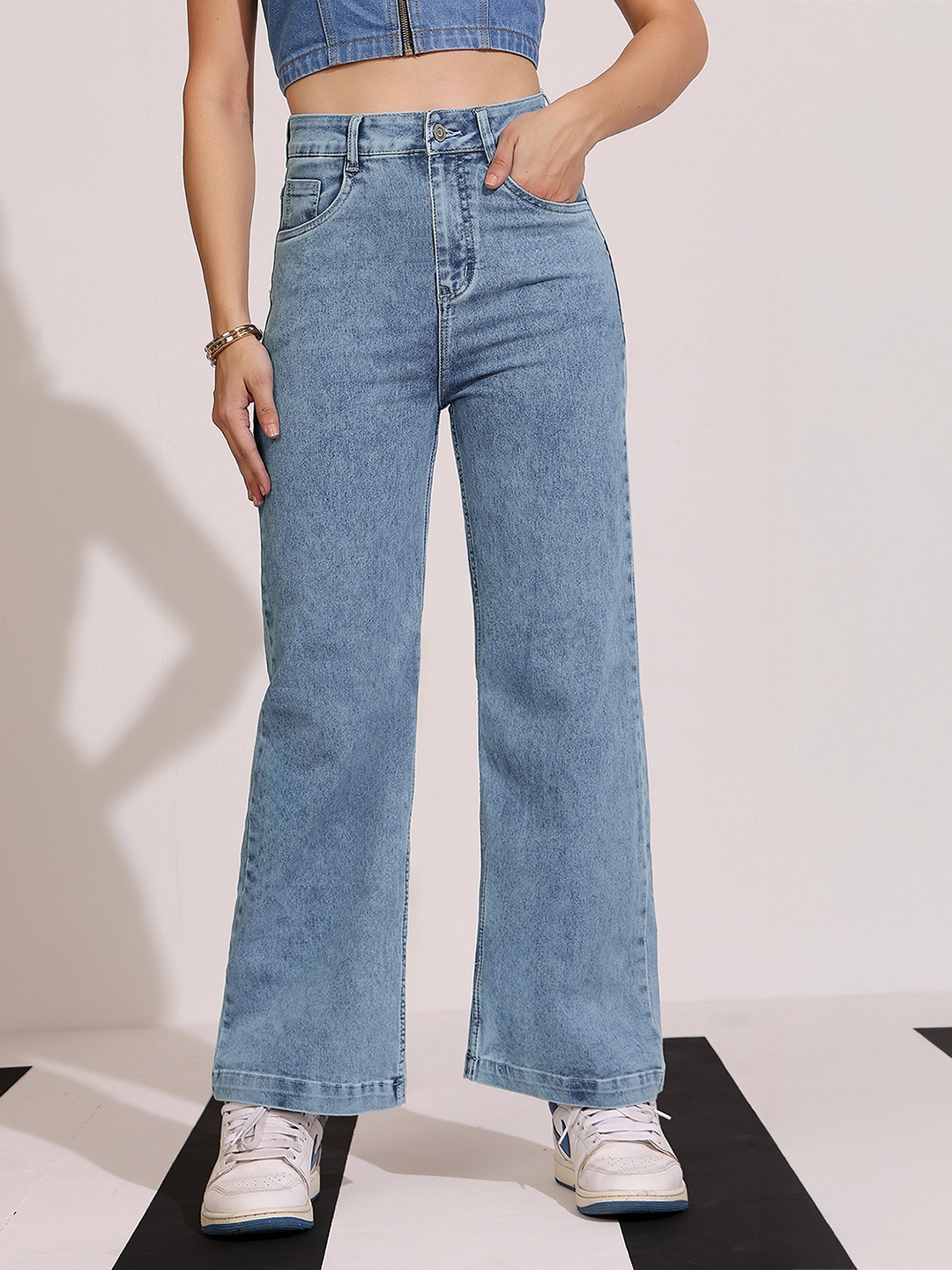 Women's Light Blue Wide-Leg High Rise Clean Look Regular Stretchable Denim Jeans Textured Versatile Shopping Day General Fit
