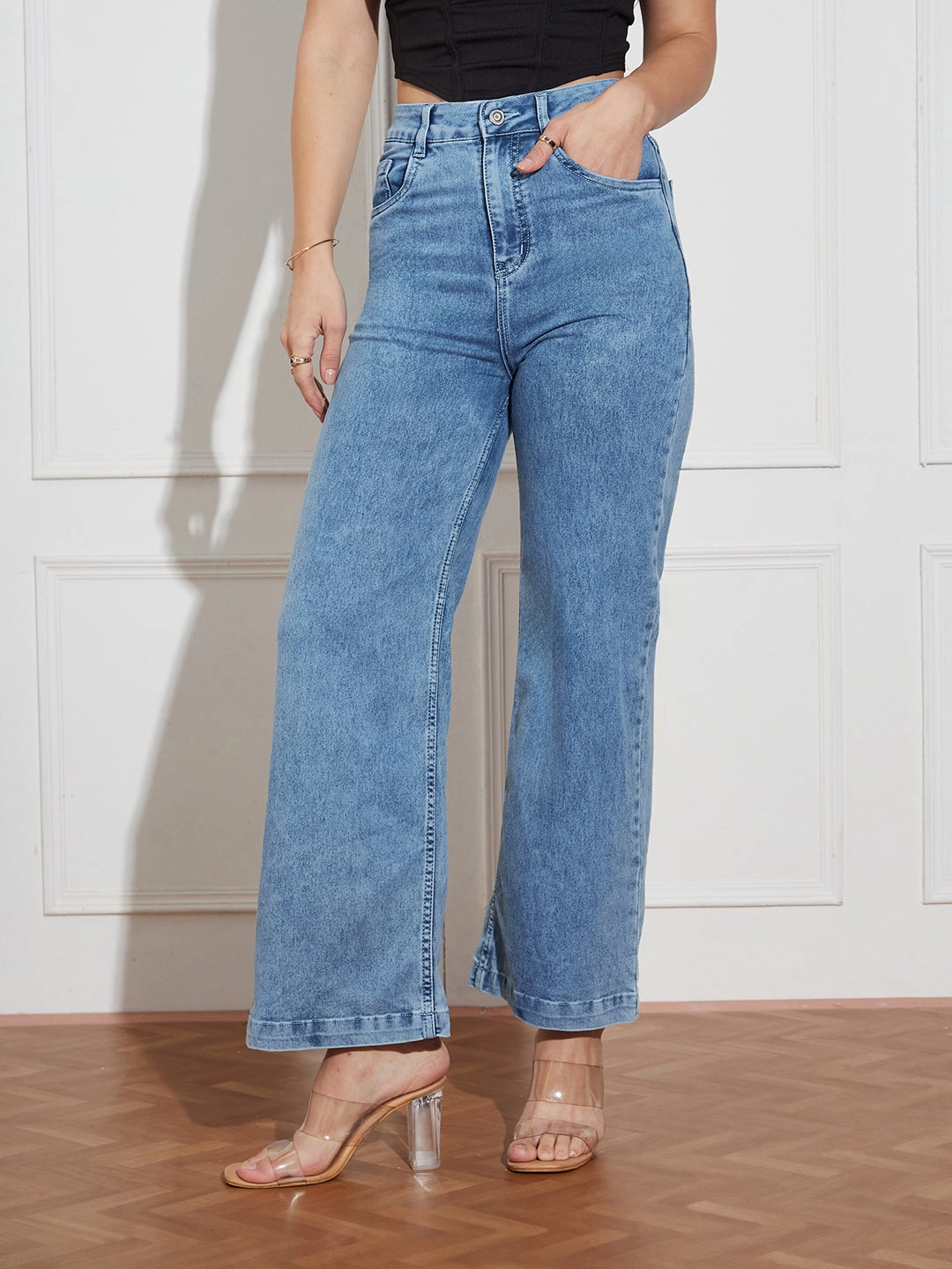 Base Outfit Women's Light Blue Wide-Leg High Rise Clean Look Regular Stretchable Denim Jeans