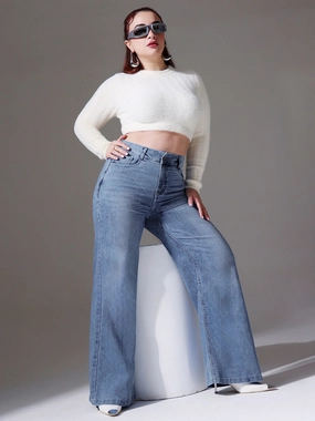 Women's Light Blue Wide-Leg High-Rise Clean-Look Stretchable Denim Jeans Perfect Length Design