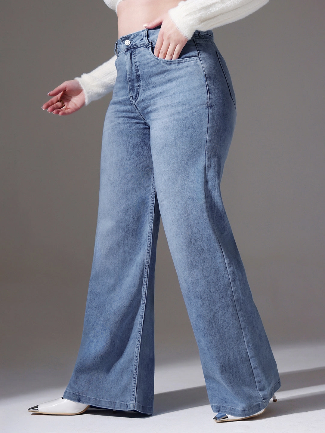 City Walk Autumn Days Lightweight Parent Style Trend Setter Women's Light Blue Wide-Leg High-Rise Clean-Look Stretchable Denim Jeans