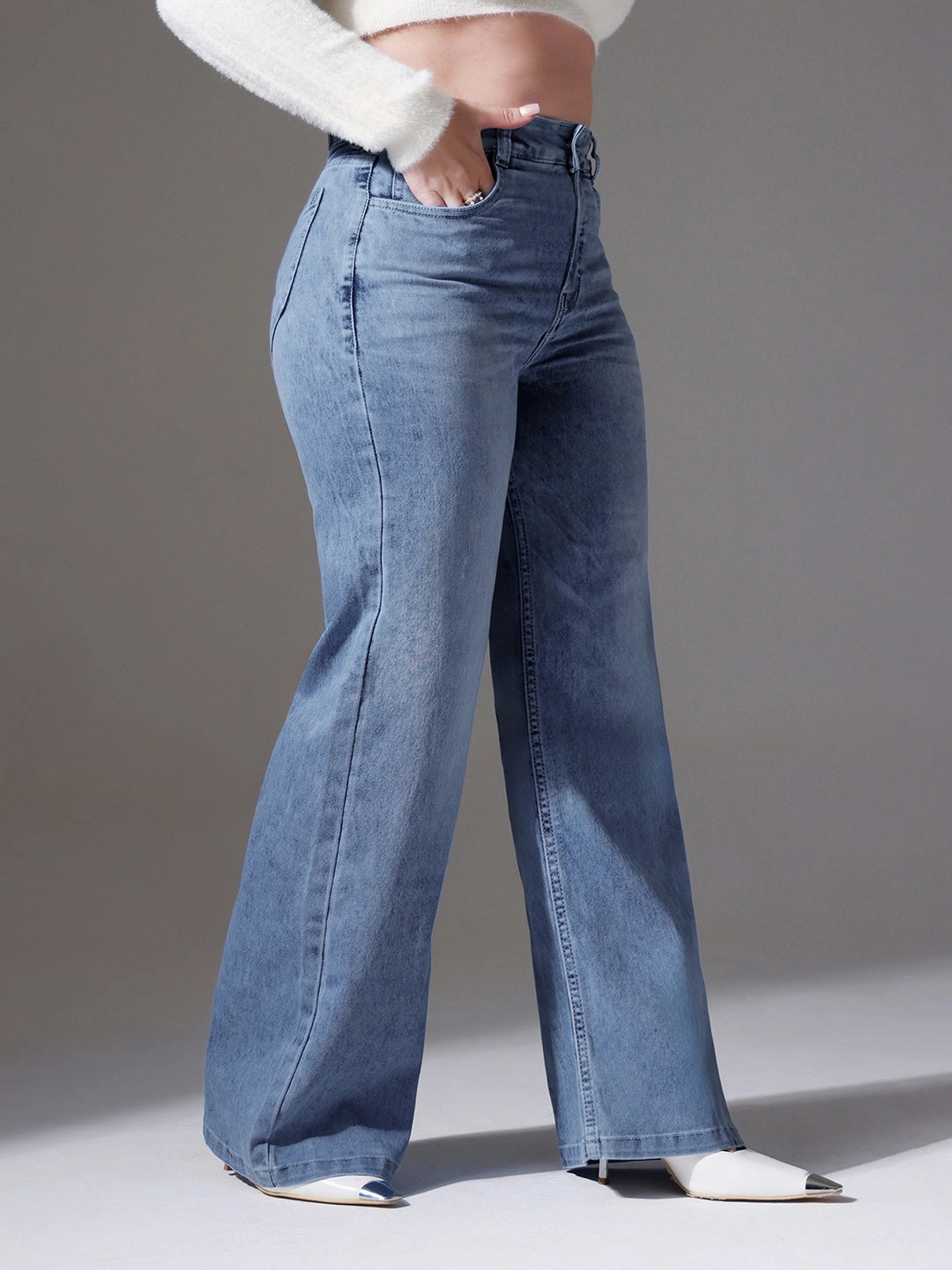 Work Meeting Relaxed Style Relaxed Waist Fit Women's Light Blue Wide-Leg High-Rise Clean-Look Stretchable Denim Jeans