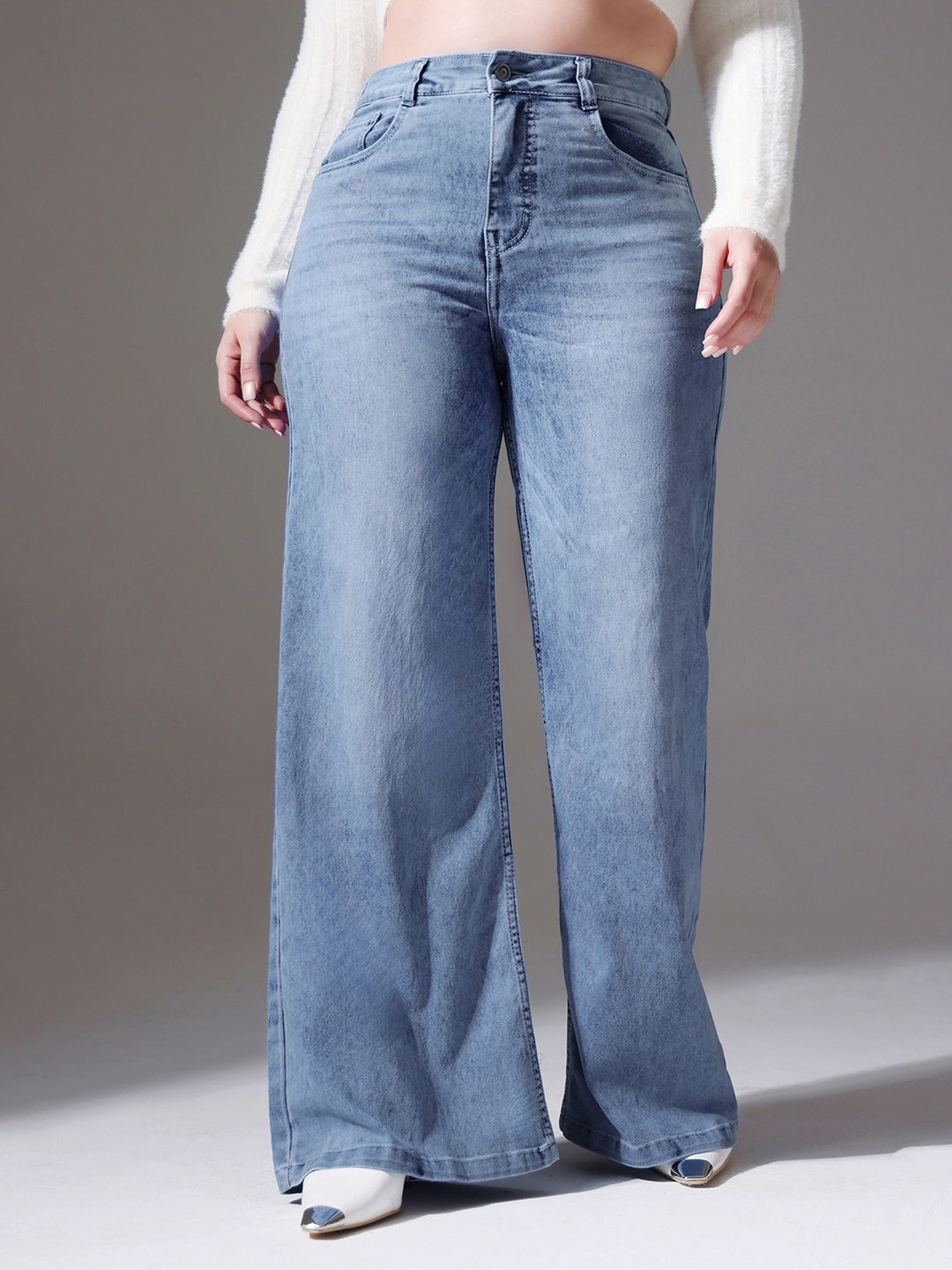 Women's Light Blue Wide-Leg High-Rise Clean-Look Stretchable Denim Jeans Universal Favorite