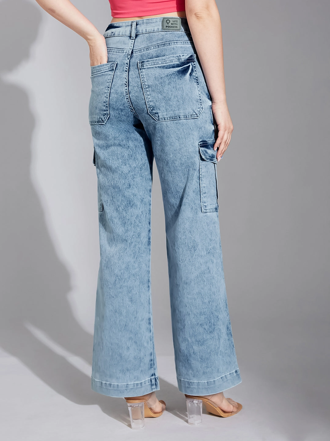 Classic Beach Day Travel Outfit Season Ready Women's Light Blue Wide-Leg High-Rise Clean-Look Stretchable Flared Cargo Style Denim Jeans