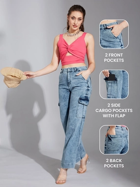 Trend Setter Home Comfort Minimalist Style Festival Outfit Loose Women's Light Blue Wide-Leg High-Rise Clean-Look Stretchable Flared Cargo Style Denim Jeans