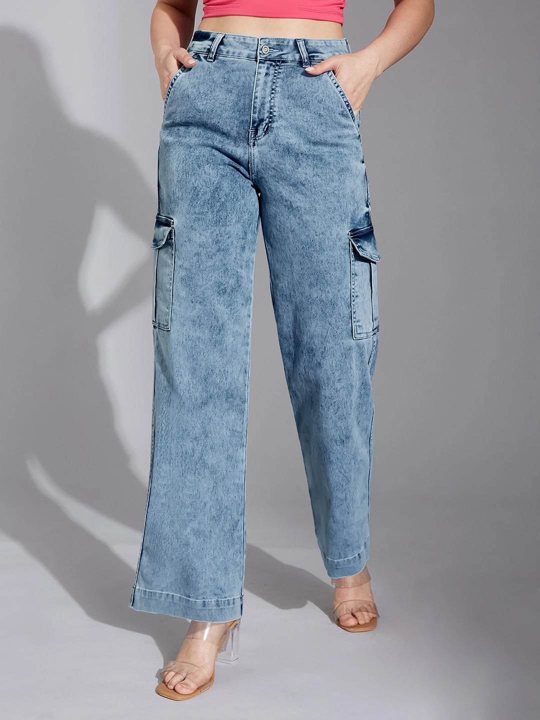 Smooth Style Women's Light Blue Wide-Leg High-Rise Clean-Look Stretchable Flared Cargo Style Denim Jeans
