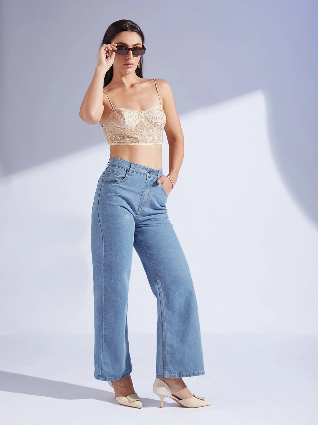Anti Slip Belt Loops Teen Outfit Night Out Party Look Women's Light Blue Wide-Leg High-Rise Non-stretchable Denim Jeans