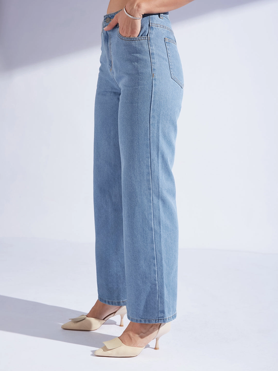 Sharp Finish Street Fashion Breathable Women's Light Blue Wide-Leg High-Rise Non-stretchable Denim Jeans