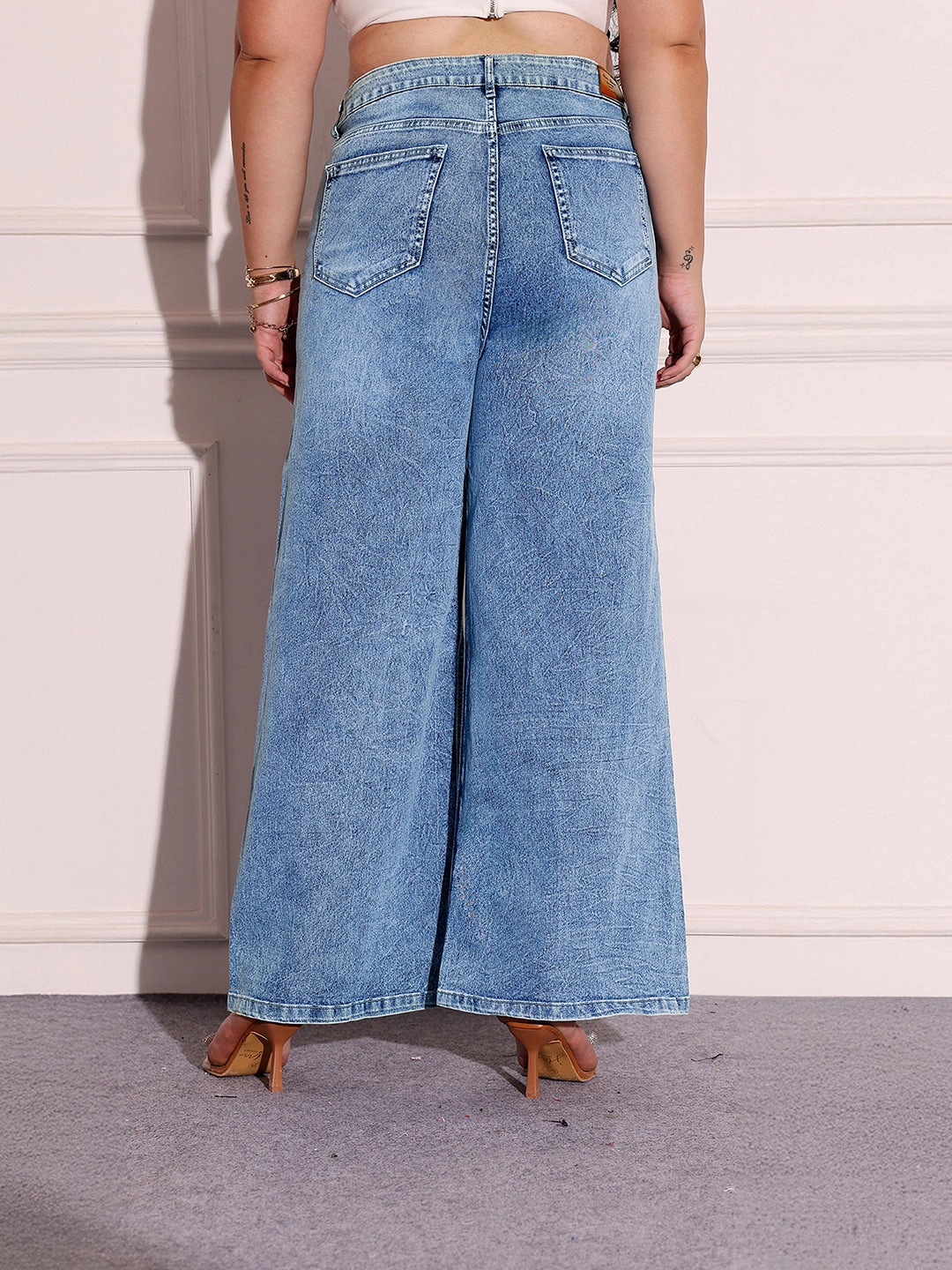 Women's Light Blue Wide-Leg High-Rise Stretchable Denim Jeans Work Outfit All Season Fabric Weight