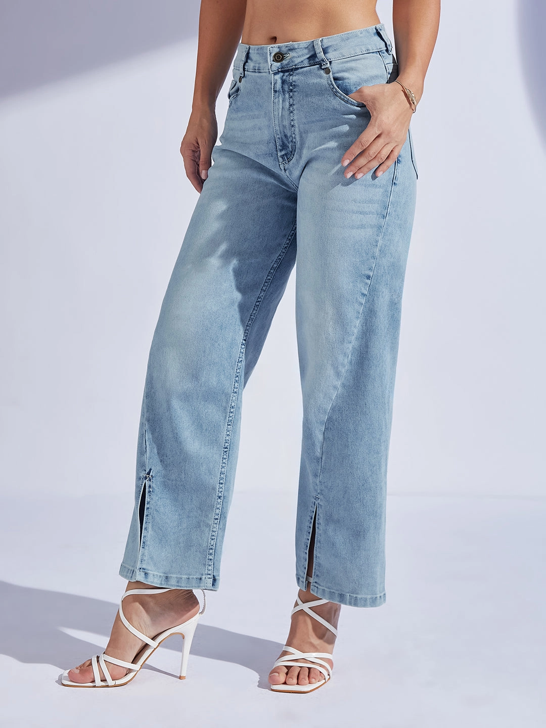 Women's Light Blue Wide-Leg Mid-Rise  Regular-Length Stretchable Denim Jeans Textured Loose Luxury