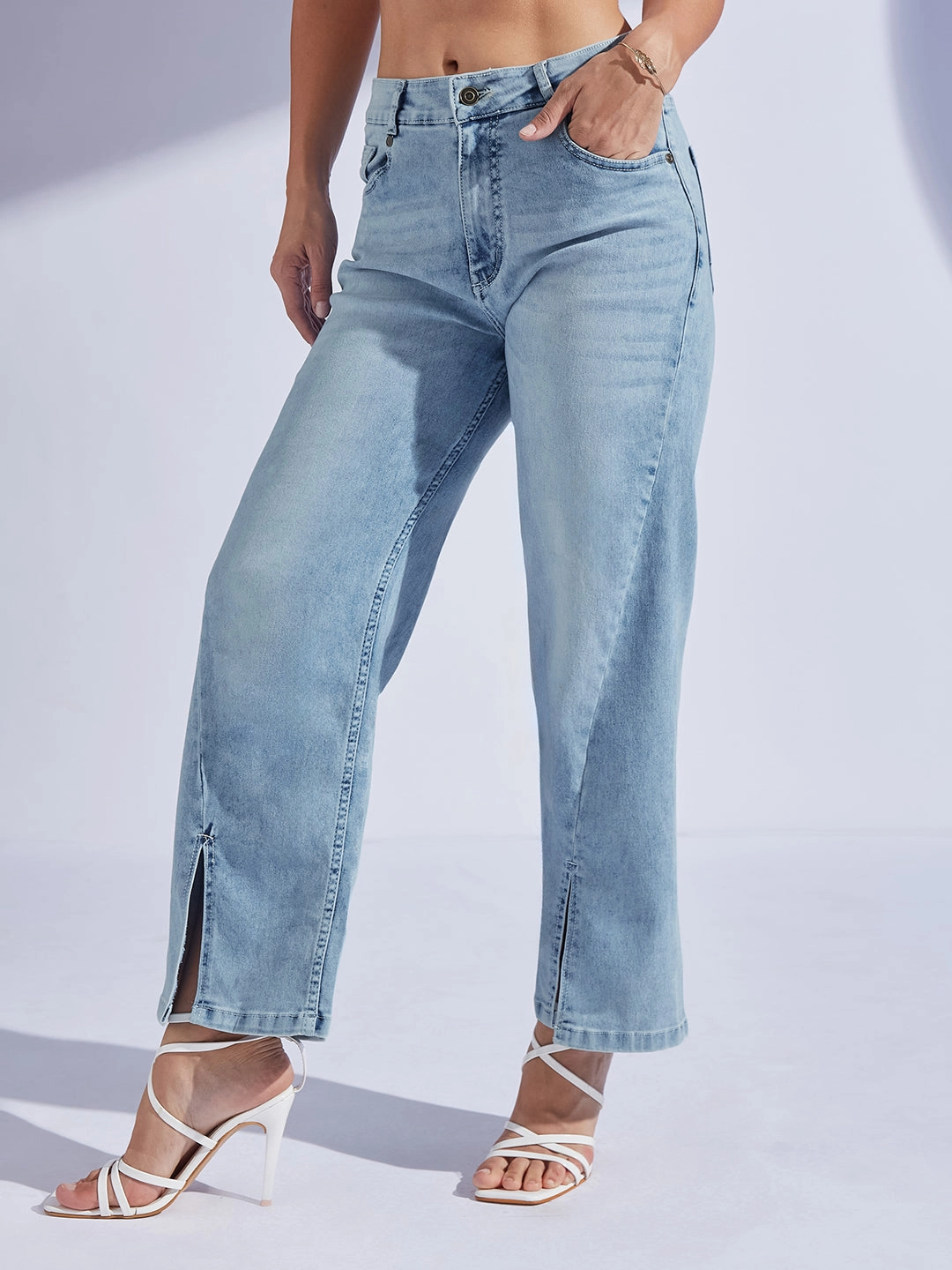Women's Light Blue Wide-Leg Mid-Rise  Regular-Length Stretchable Denim Jeans Base Look