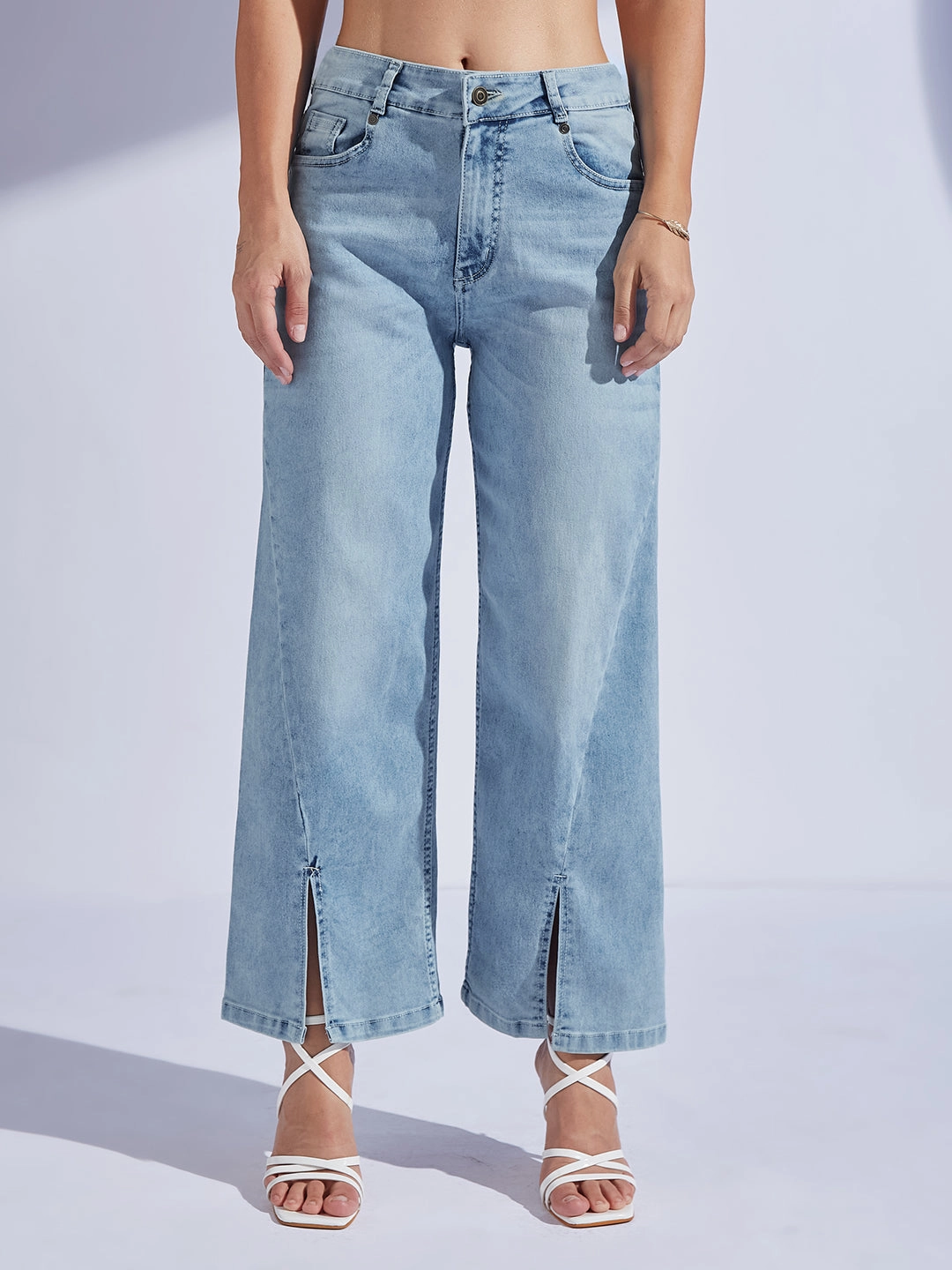 Loose Smooth Shopping Day Weekend Wear Women's Light Blue Wide-Leg Mid-Rise  Regular-Length Stretchable Denim Jeans