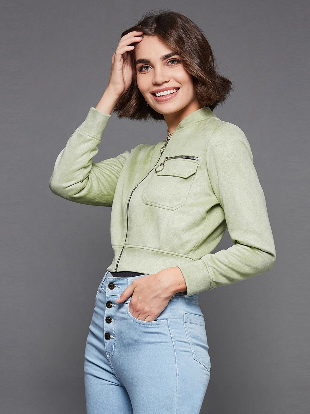 Women's Light Green Mandarin Collar Full-Sleeve Solid Crop Polyester Jacket Layered Collar Design Cool Season