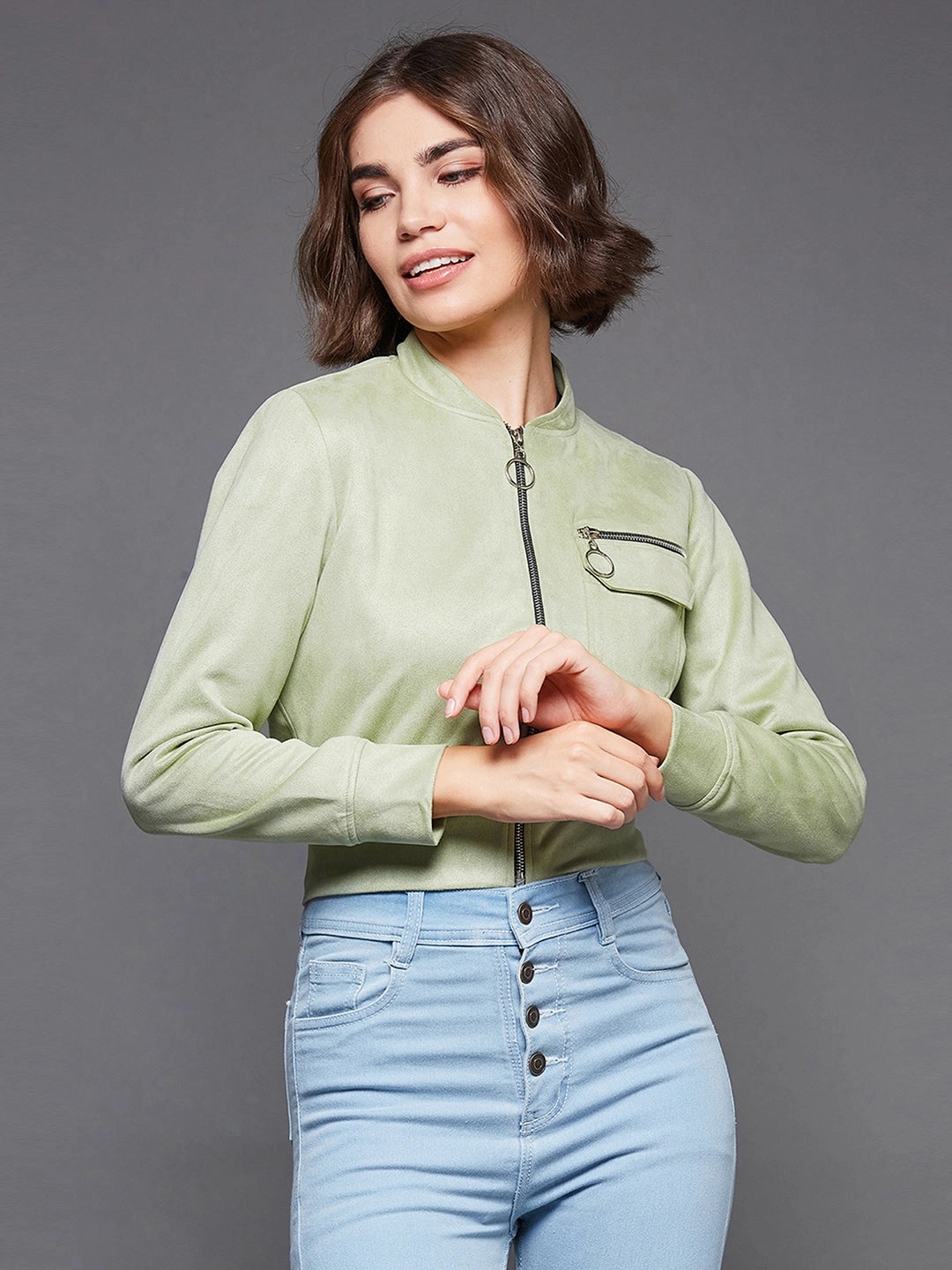 Refined Casual Double Layer Protection Women's Light Green Mandarin Collar Full-Sleeve Solid Crop Polyester Jacket