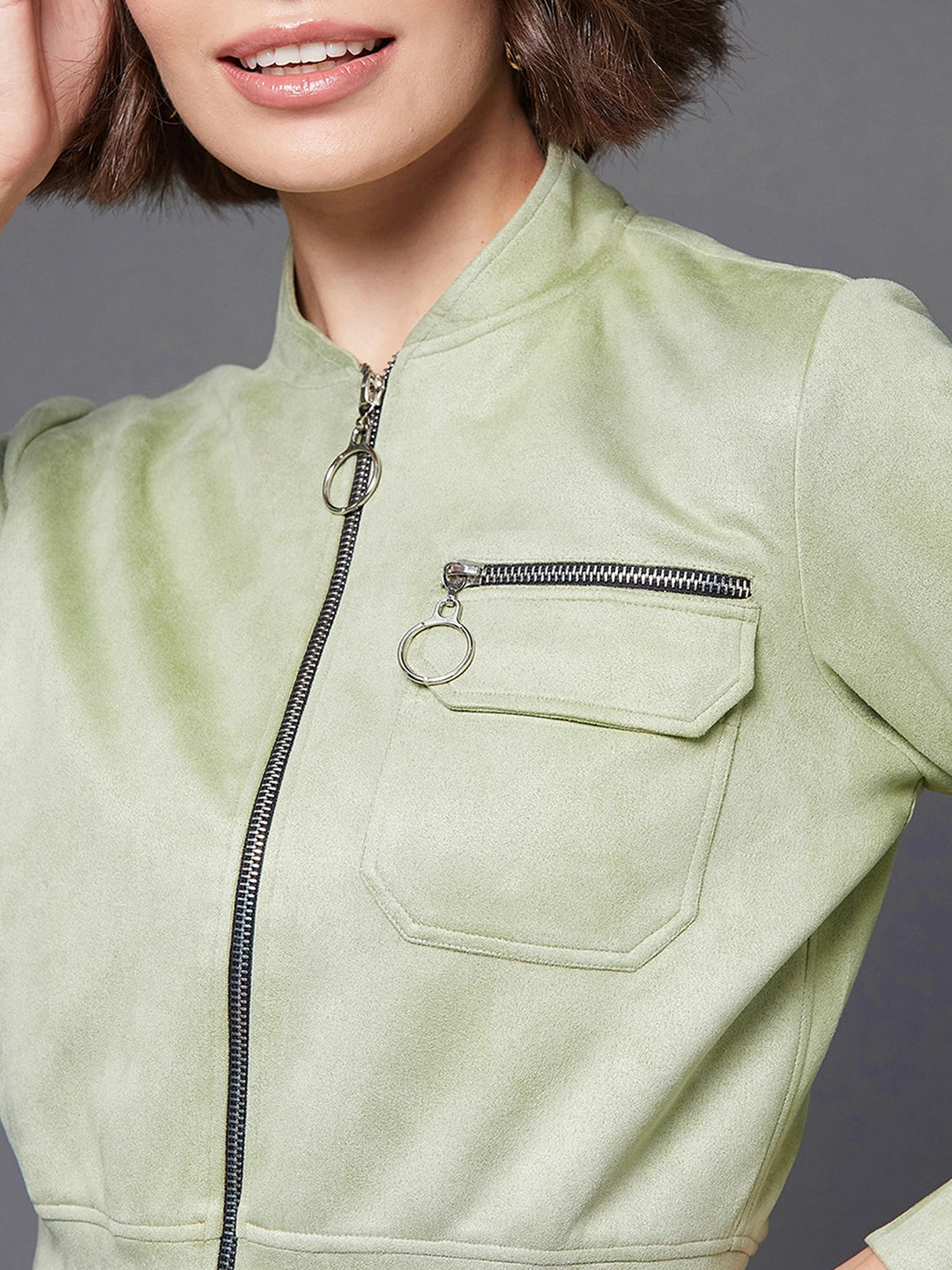 Soft Touch Texture Women's Light Green Mandarin Collar Full-Sleeve Solid Crop Polyester Jacket