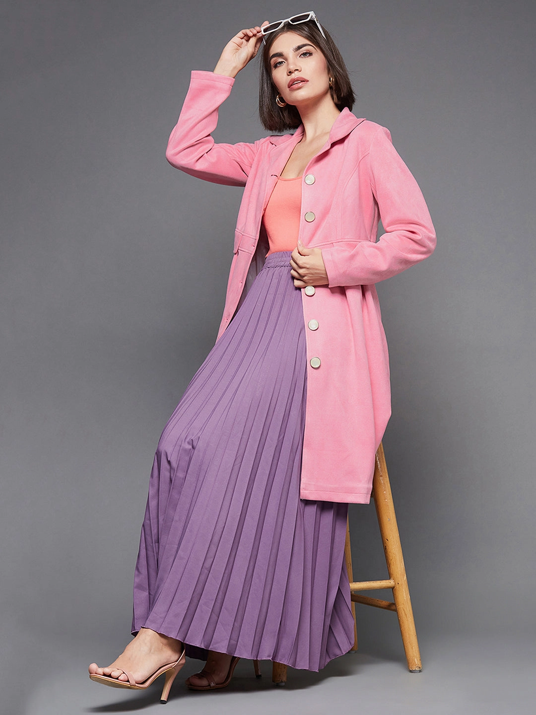 Temperature Regulating Membrane Casual Classic Women's Light Pink Notch Full-Sleeve Solid Longline Flared Knee-Long Polyester Jacket