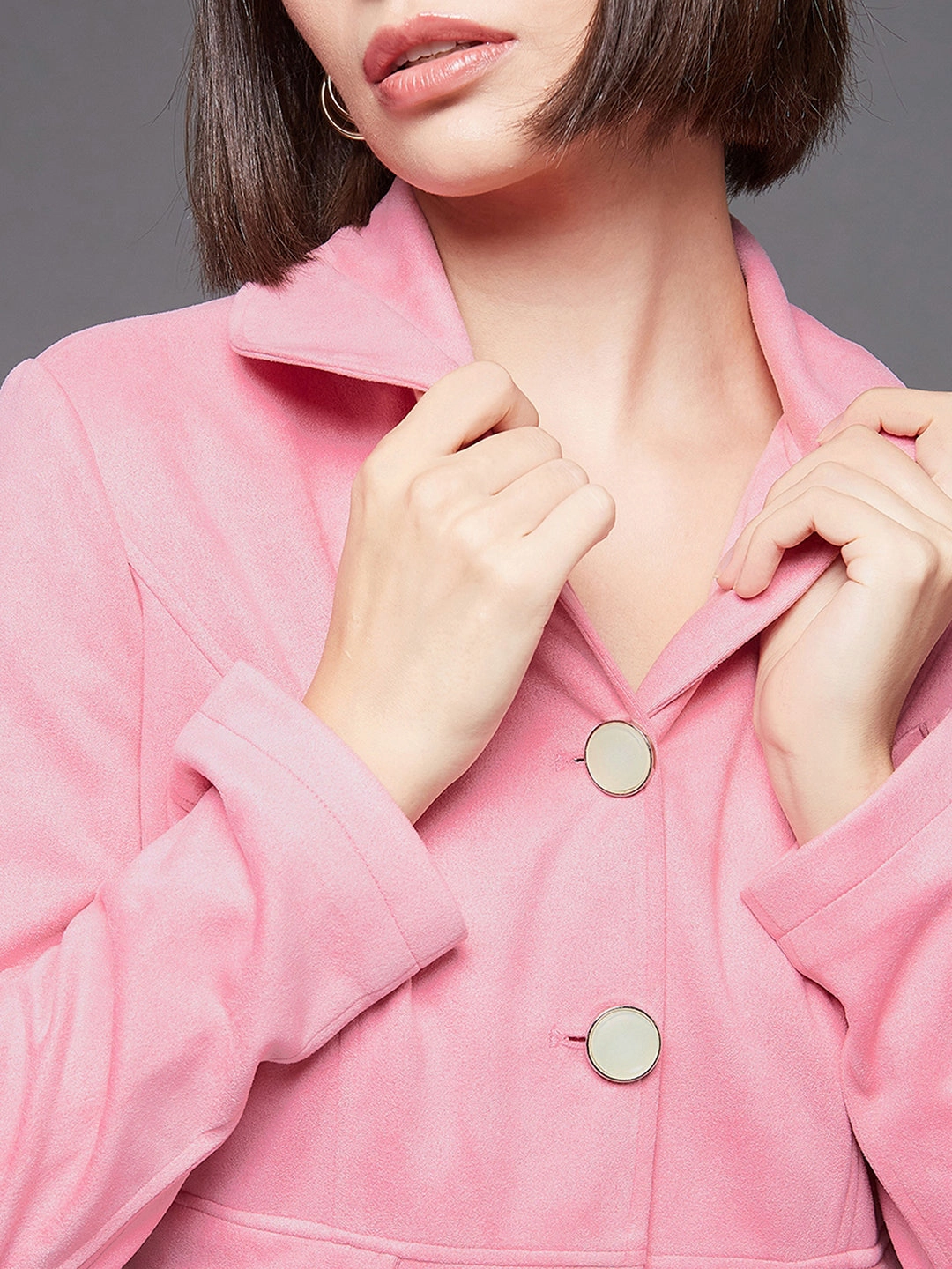 Women's Light Pink Notch Full-Sleeve Solid Longline Flared Knee-Long Polyester Jacket DualLayer Weave