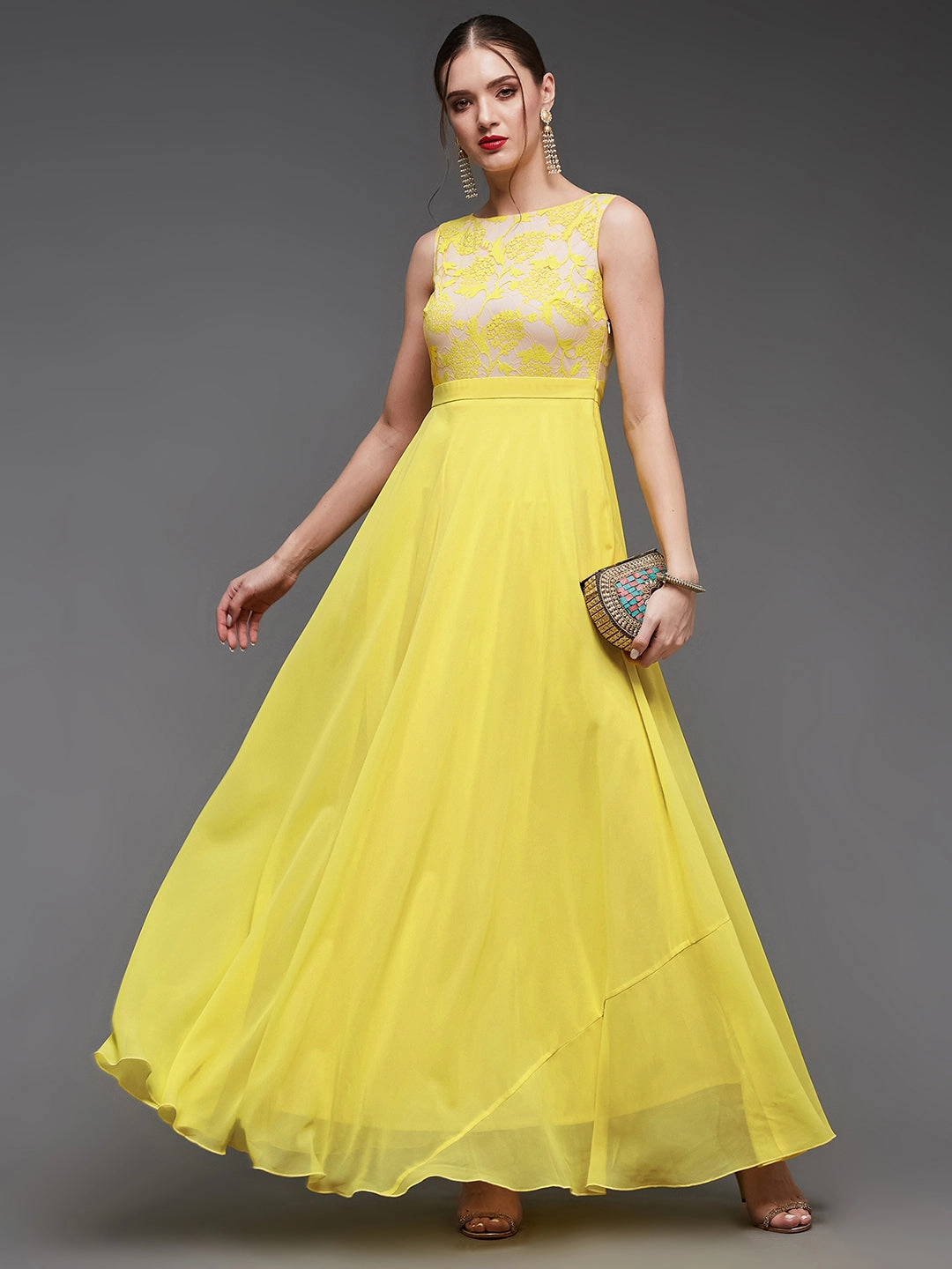 Lounge Comfort Slim Shape Women's Light Yellow Round Neck Sleeveless Georgette & Lace Floral Fit & Flare Maxi Dress